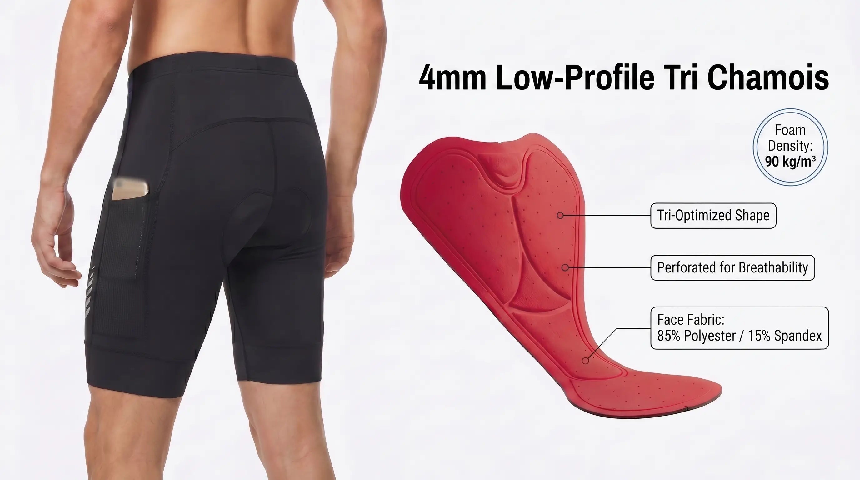 QUALICOS Men's Tri Shorts black rear view with 4mm low-profile tri chamois, mesh pocket and perforated pad