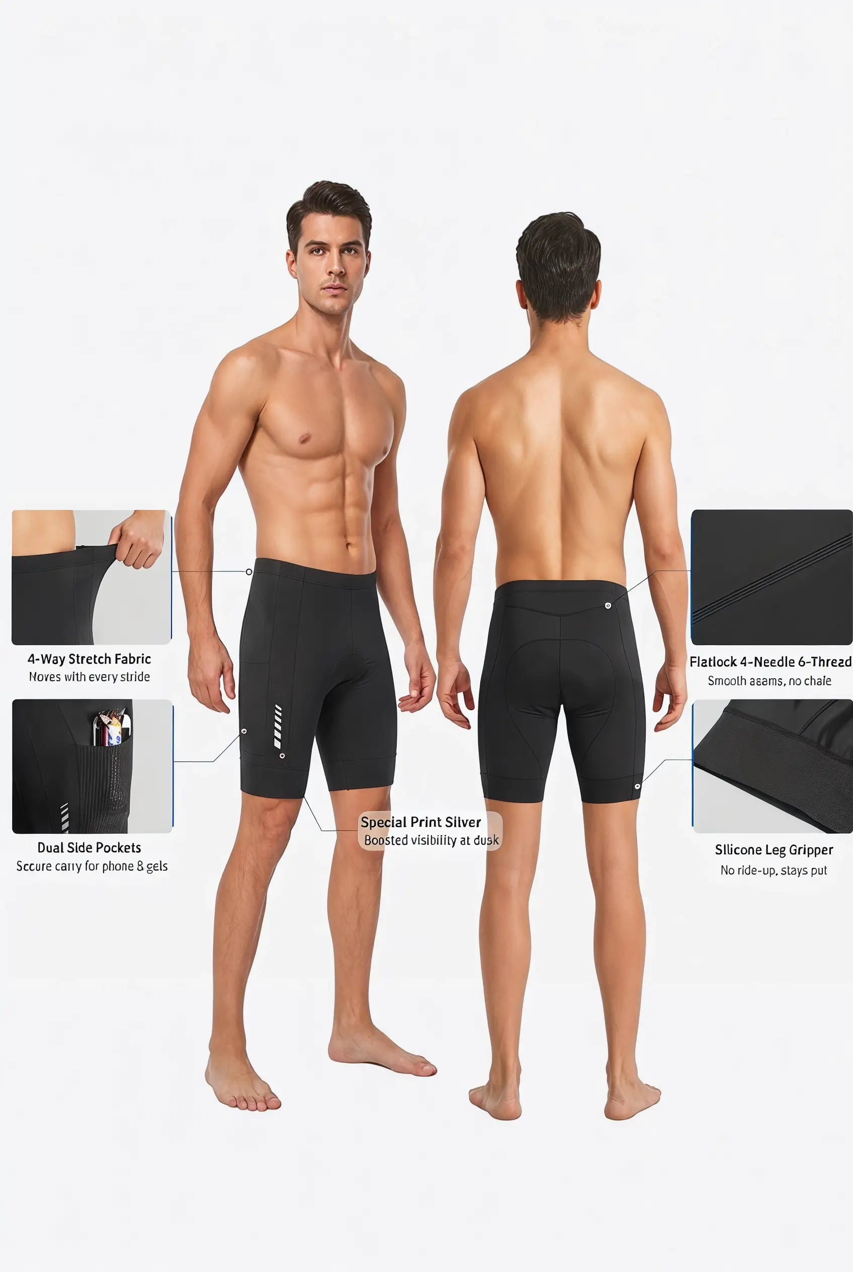 QUALICOS Men's Tri Shorts black front and back view with side pockets, flatlock seams and silicone leg grippers