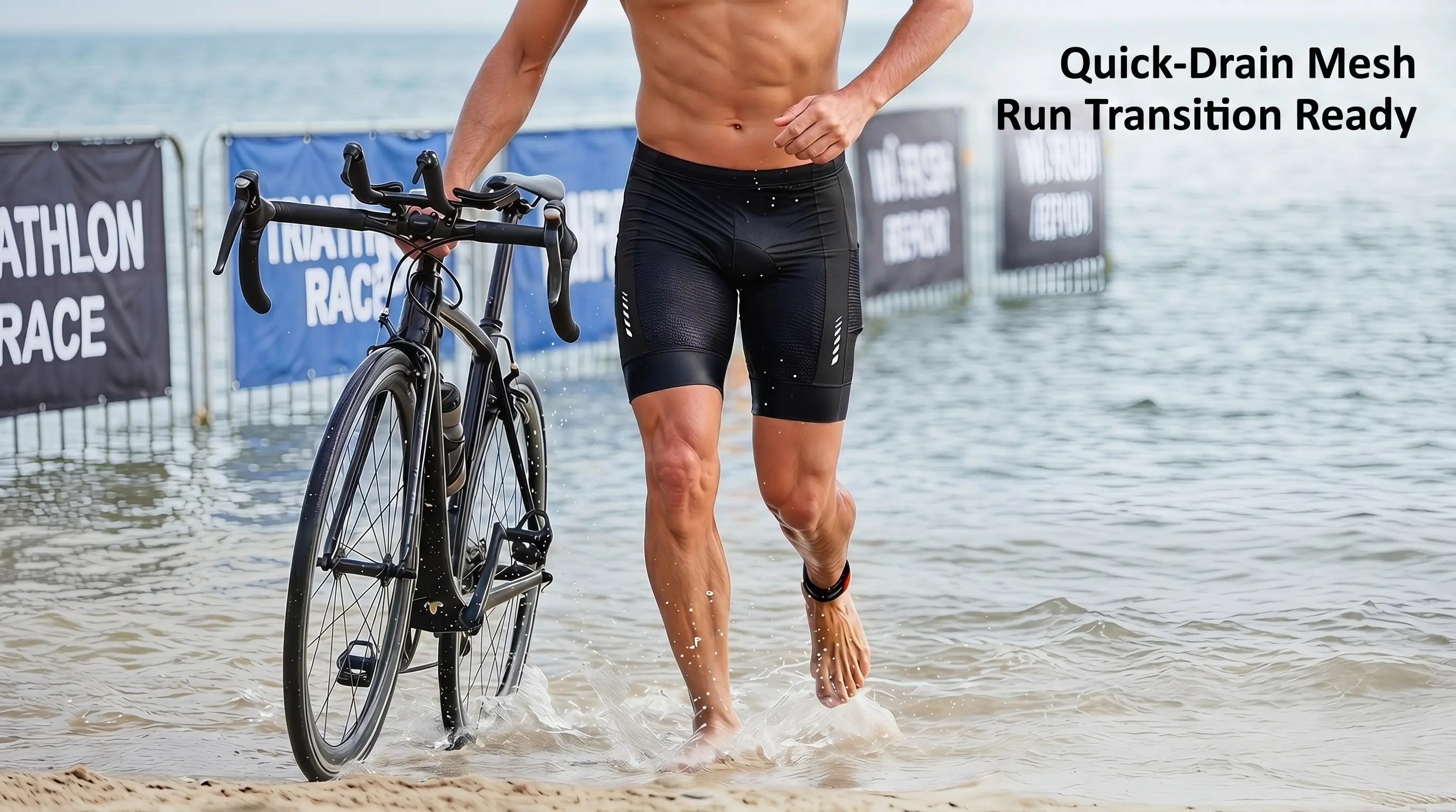 QUALICOS Men's Tri Shorts black quick-drain mesh triathlon shorts for swim-to-run transition