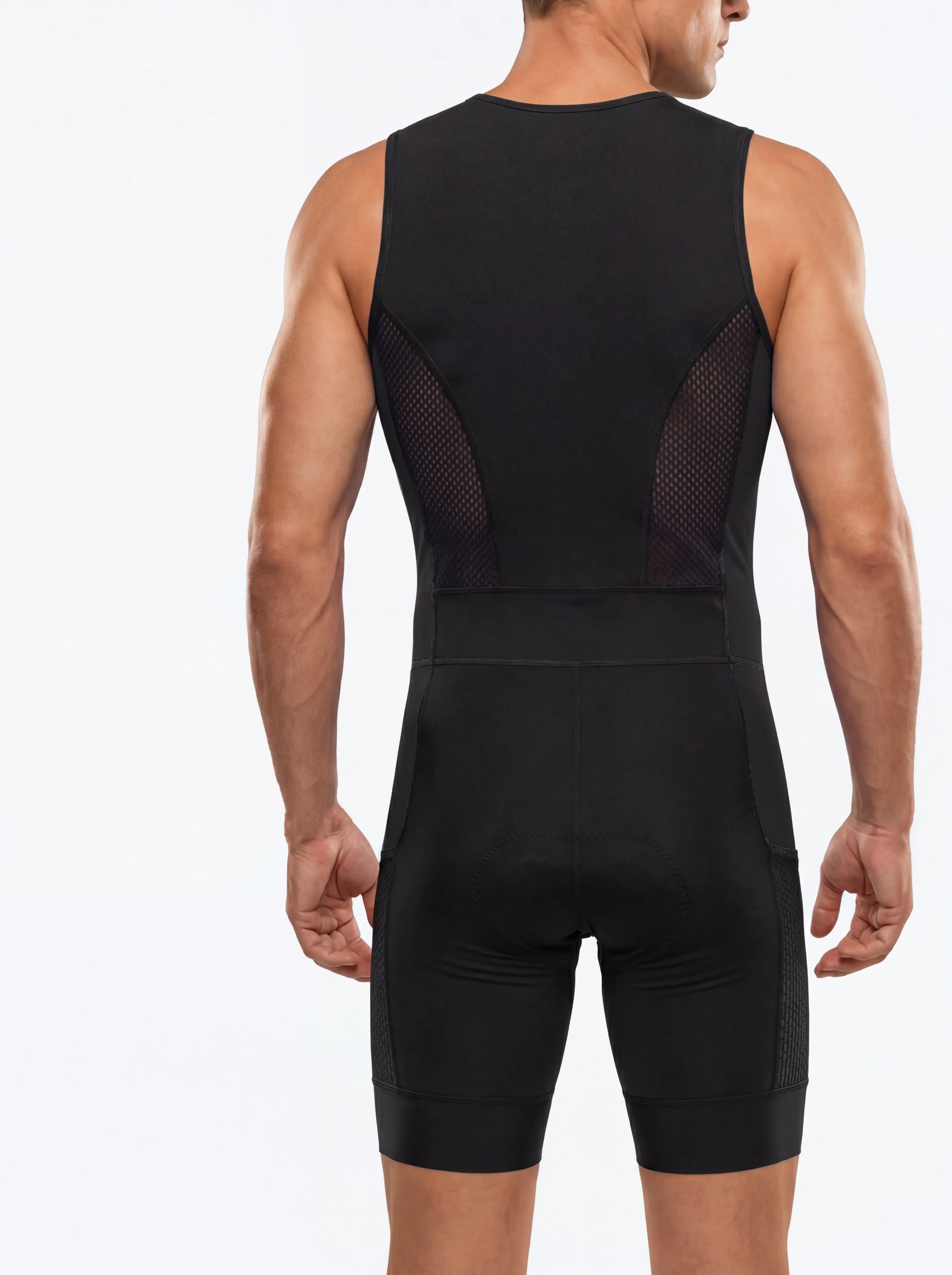 QUALICOS Men's Tri Suit black back view with breathable mesh side panels and sleeveless race fit