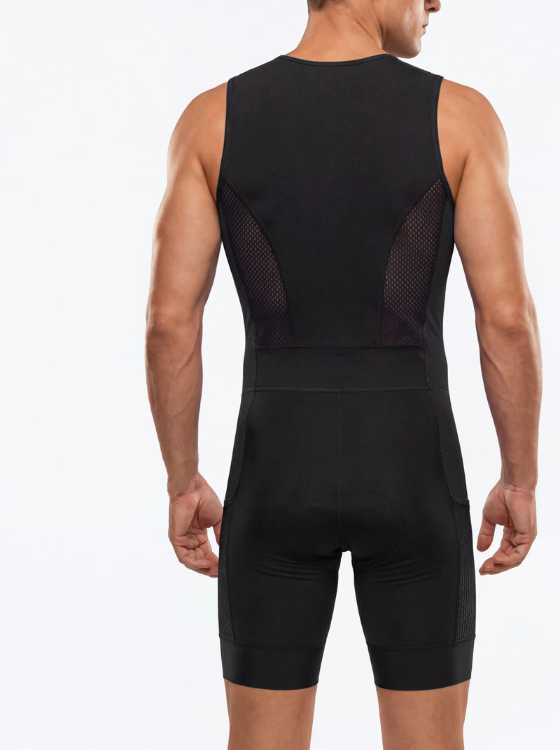 QUALICOS Men's Tri Suit black back view with breathable mesh side panels and sleeveless race fit