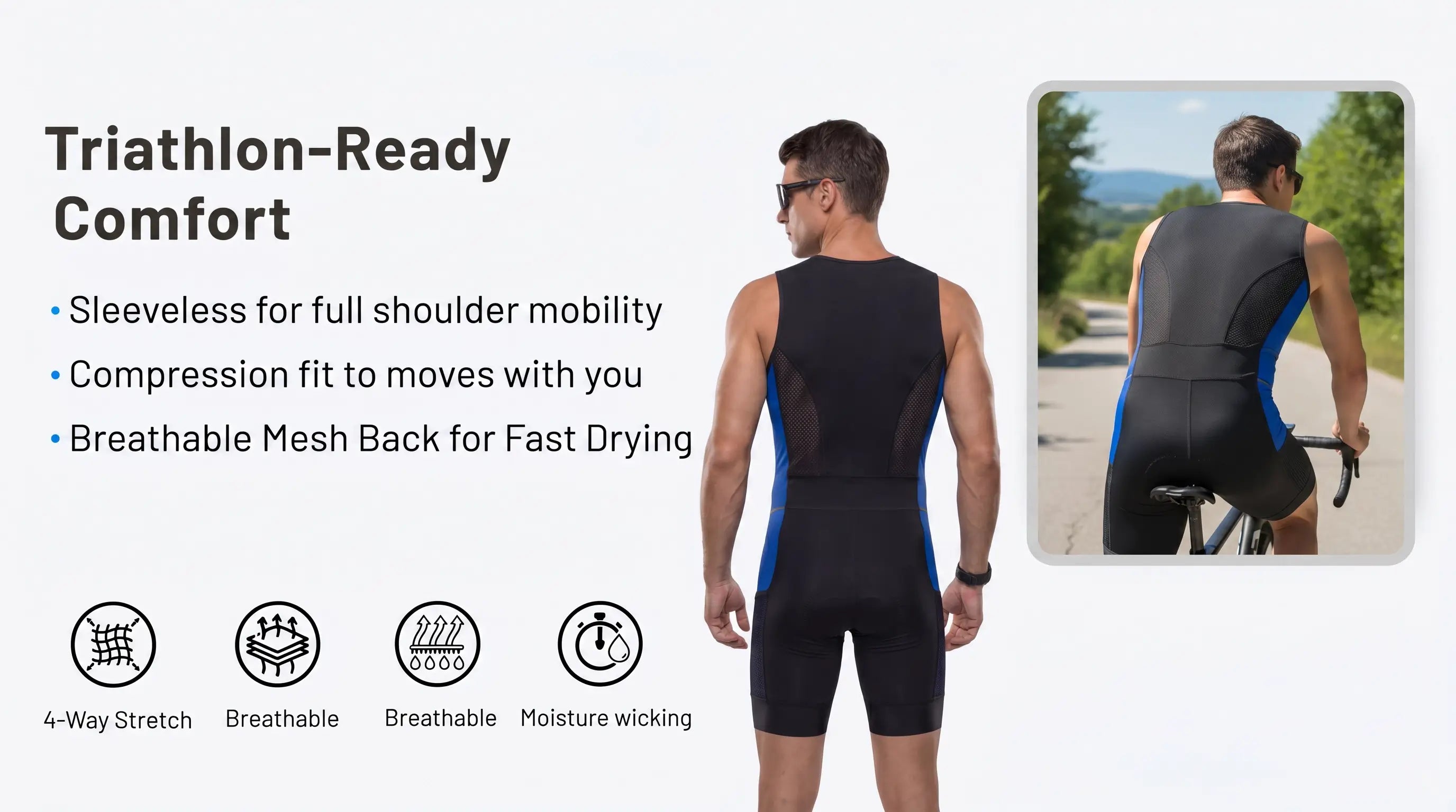 QUALICOS Men's Tri Suit blue black back view with breathable mesh back, 4-way stretch and moisture-wicking comfort