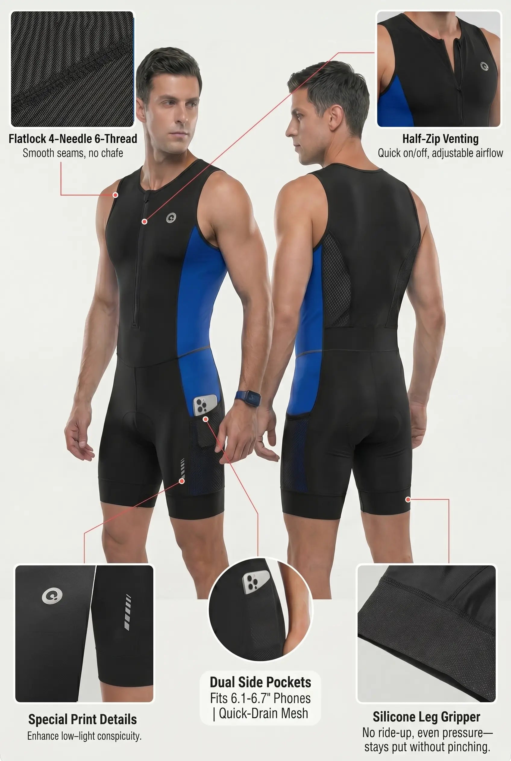 QUALICOS Men's Tri Suit blue black trisuit with flatlock seams, half-zip venting, side pockets and silicone leg grippers