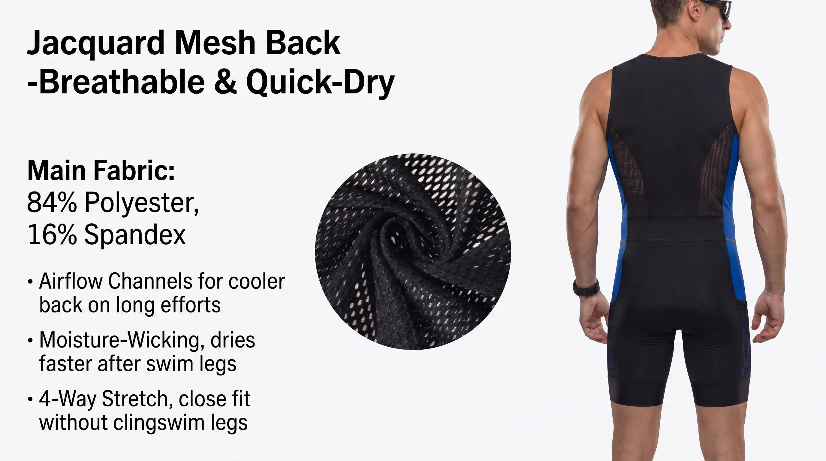 QUALICOS Men's Tri Suit blue black jacquard mesh back with breathable quick-dry fabric and 4-way stretch