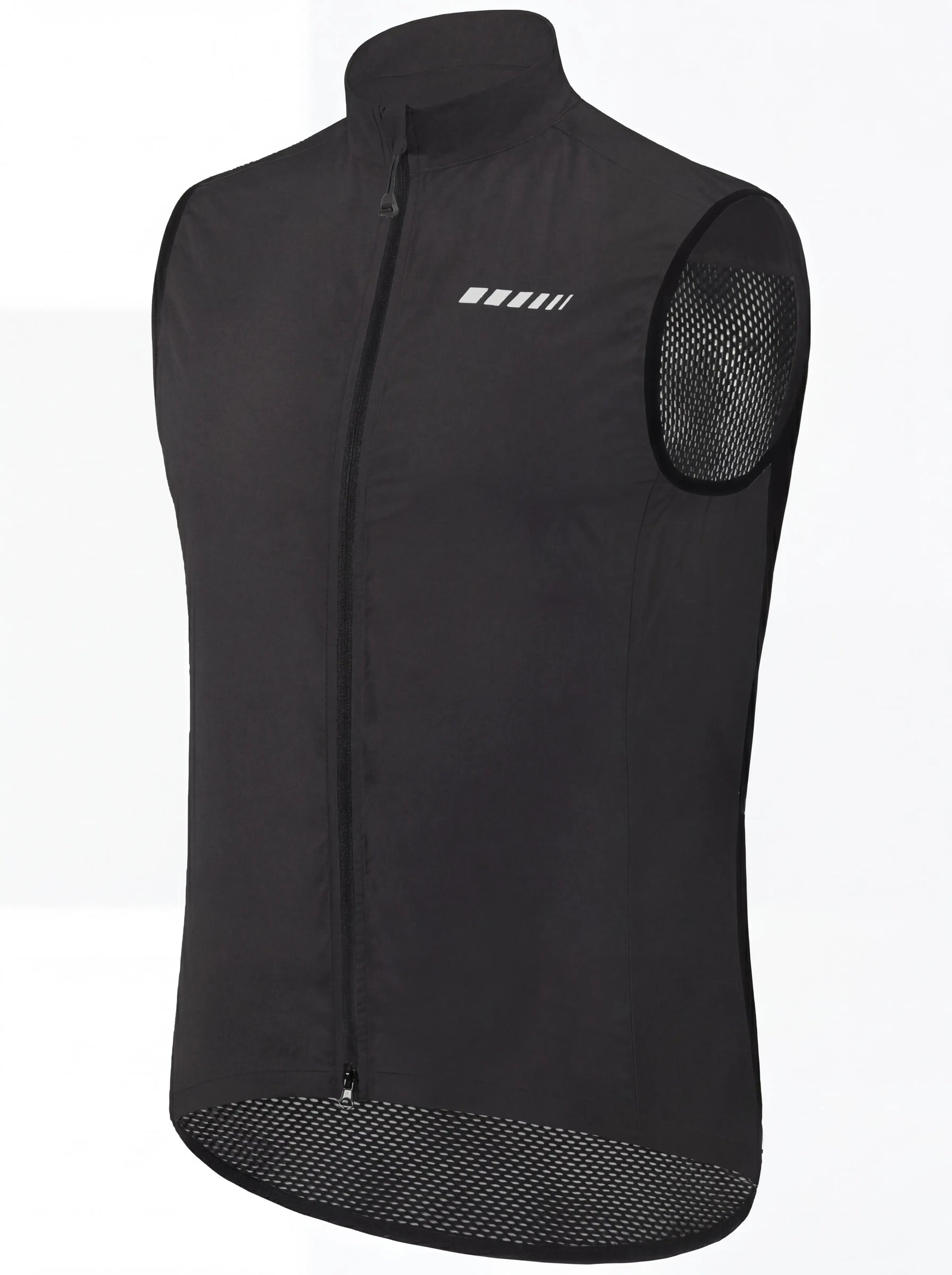 QUALICOS Men's Windproof Cycling Vest black angled product view with full zipper, reflective chest detail, and mesh panels