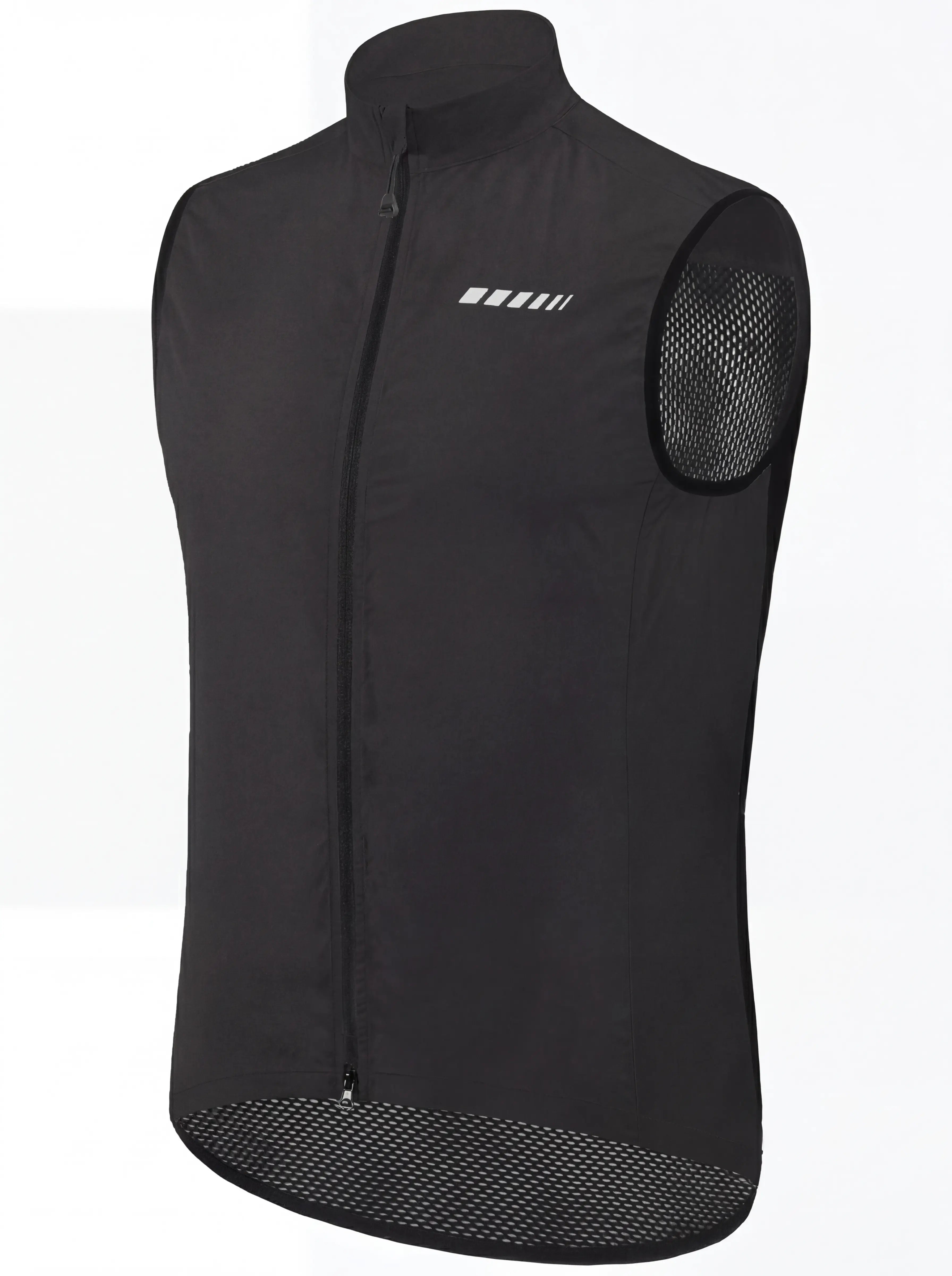 QUALICOS Men's Windproof Cycling Vest black angled product view with full zipper, reflective chest detail, and mesh panels