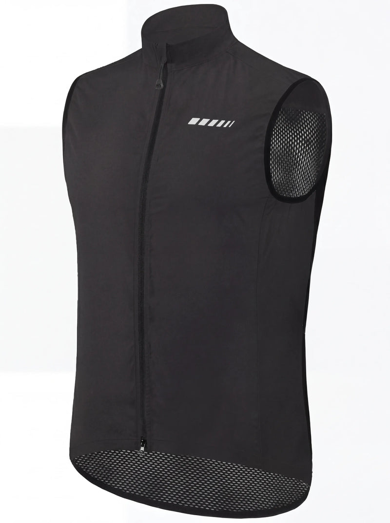 QUALICOS Men's Windproof Cycling Vest black angled product view with full zipper, reflective chest detail, and mesh panels