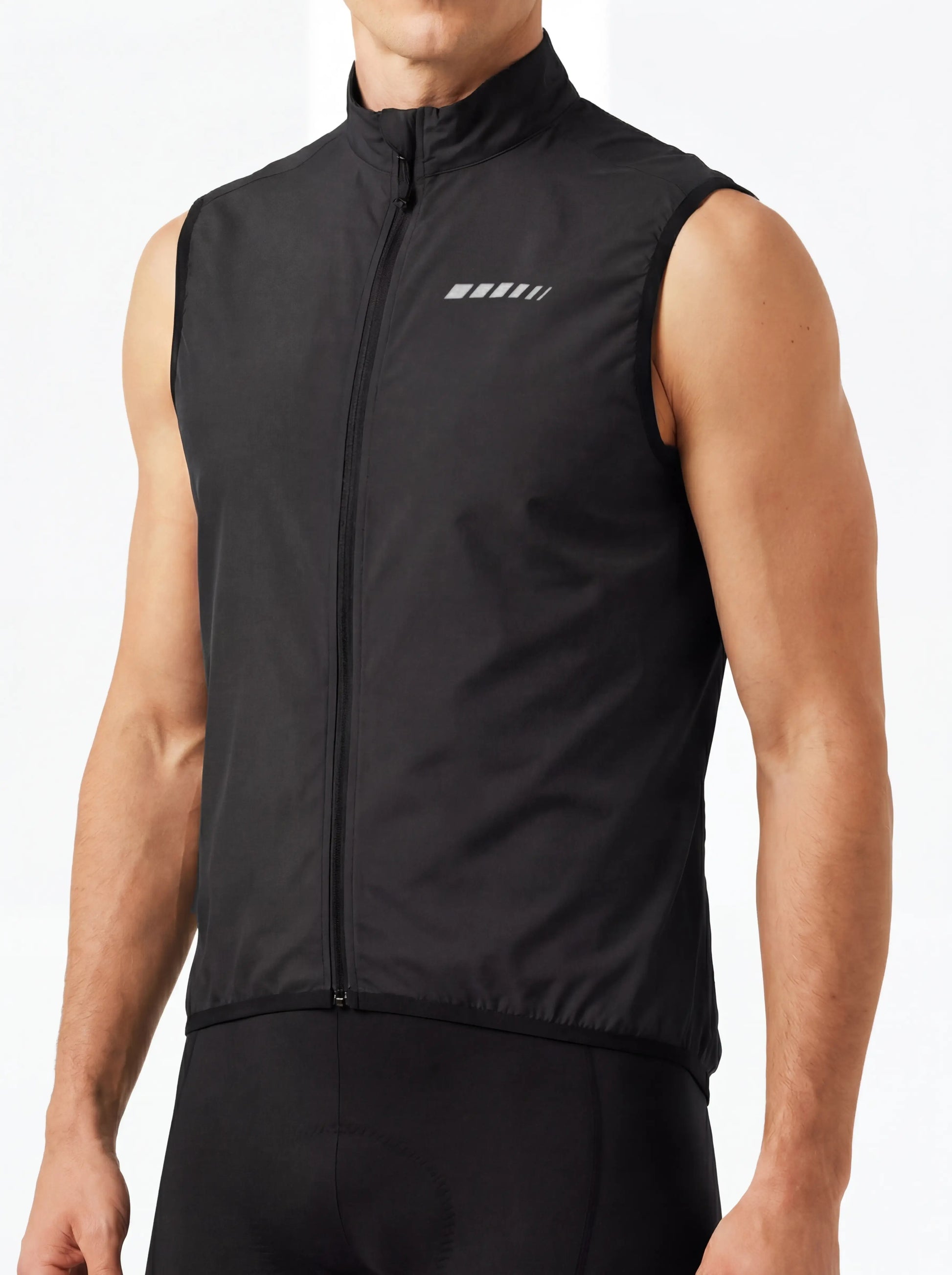 QUALICOS Men's Windproof Cycling Vest black close-up with full zipper, stand collar, and reflective chest detail