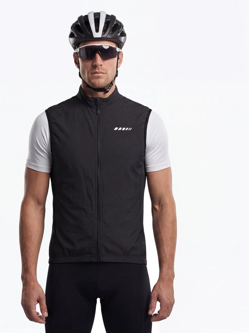 QUALICOS Men's Windproof Cycling Vest black front view with full zipper and reflective chest detail