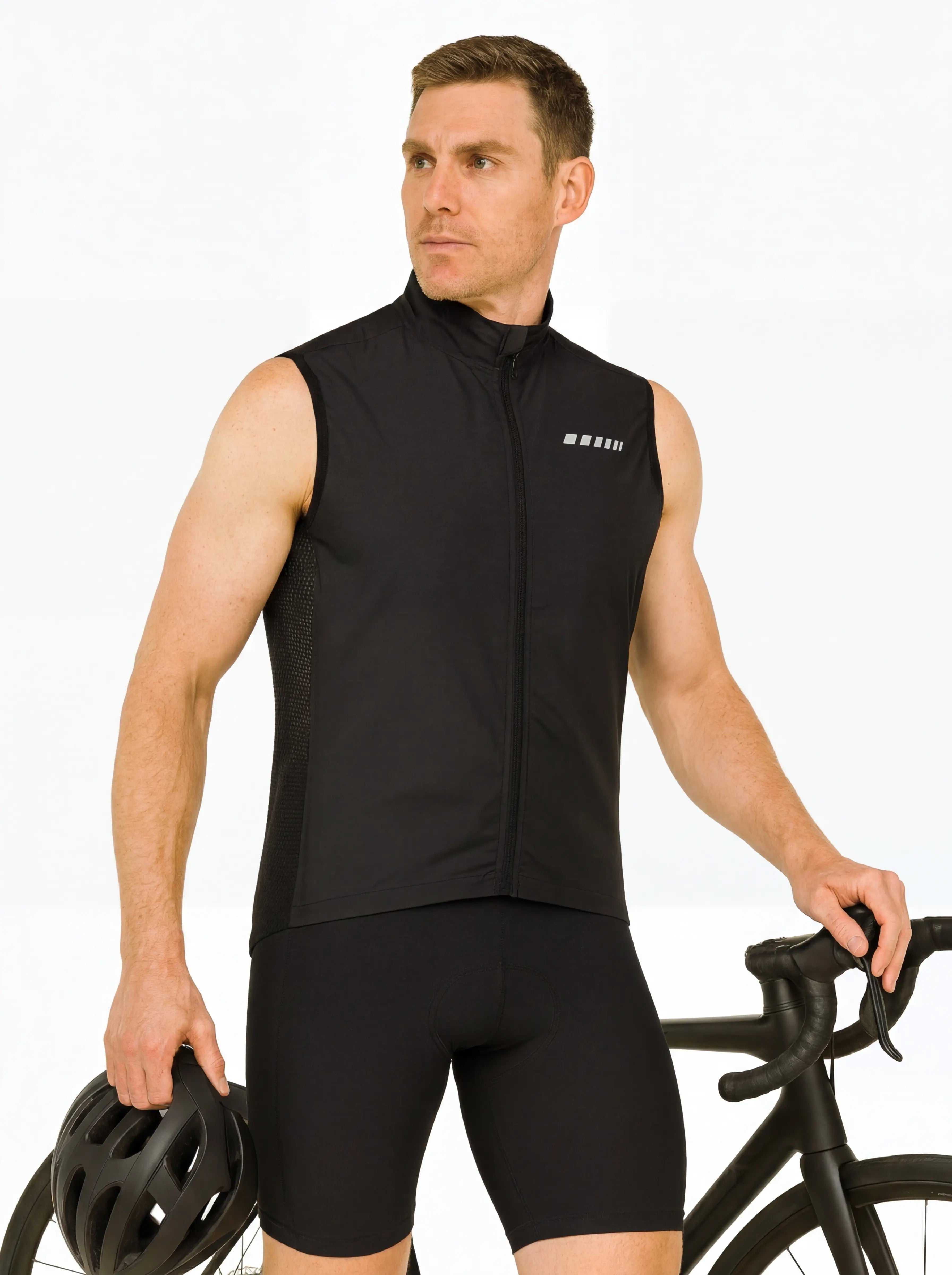 QUALICOS Men's Windproof Cycling Vest black front view with full zipper, reflective chest detail, and road bike styling