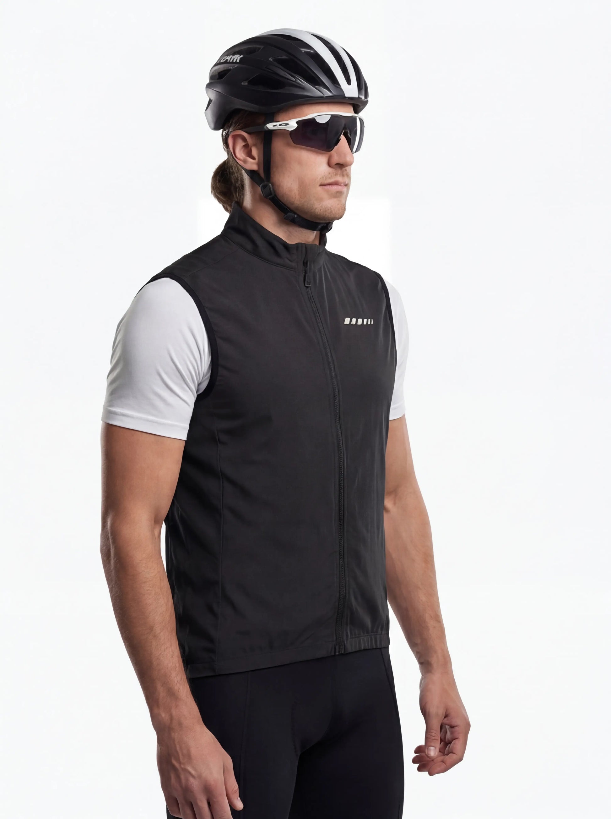 QUALICOS Men's Windproof Cycling Vest black side view with full zipper and reflective chest detail