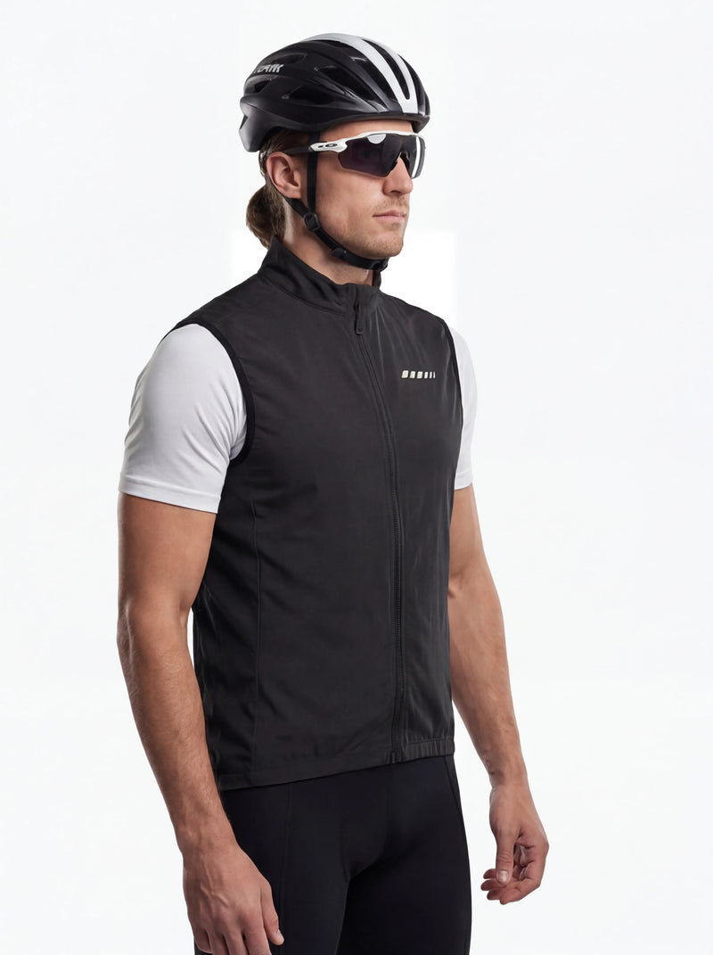 QUALICOS Men's Windproof Cycling Vest black side view with full zipper and reflective chest detail