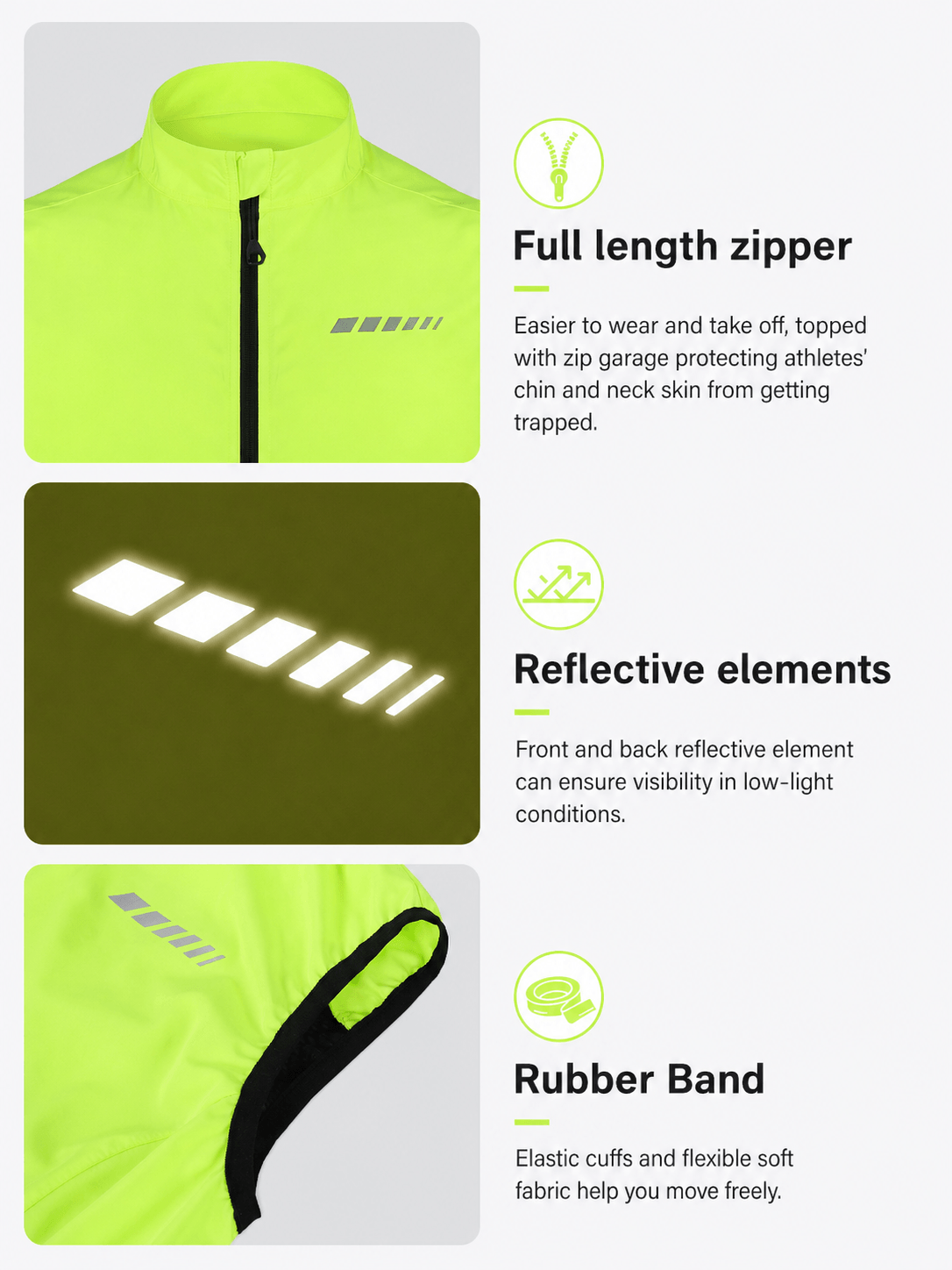 QUALICOS Men's Windproof Cycling Vest with full-length zipper, reflective elements, and elastic trim