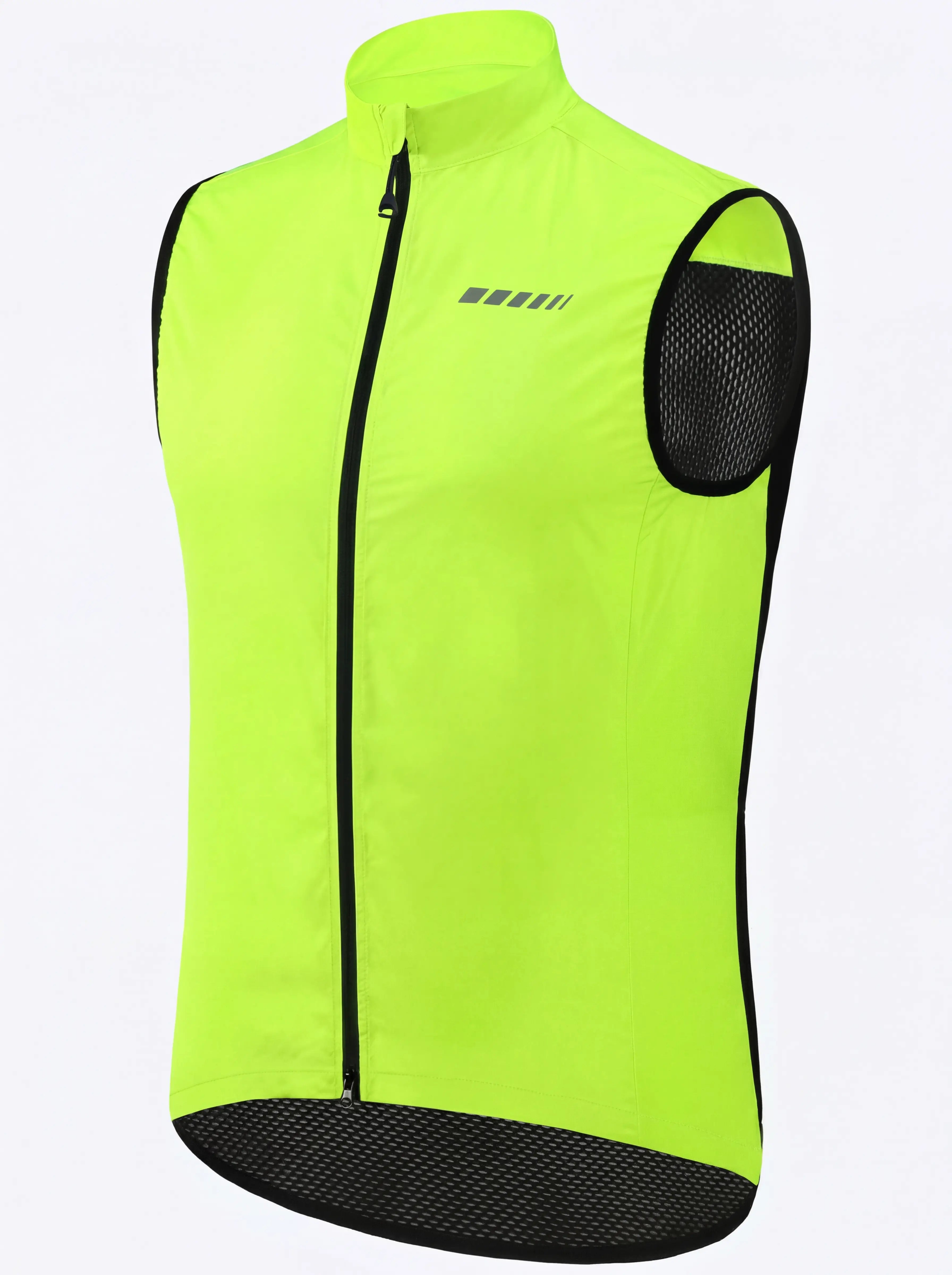 QUALICOS Men's Windproof Cycling Vest high-vis yellow angled view with full zipper, reflective chest detail, and mesh panels