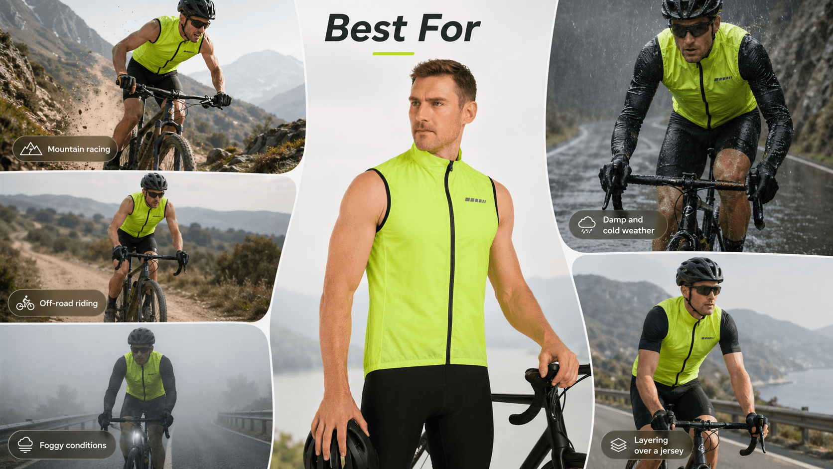 QUALICOS Men's Windproof Cycling Vest high-vis yellow for mountain, off-road, foggy, damp, and layered rides