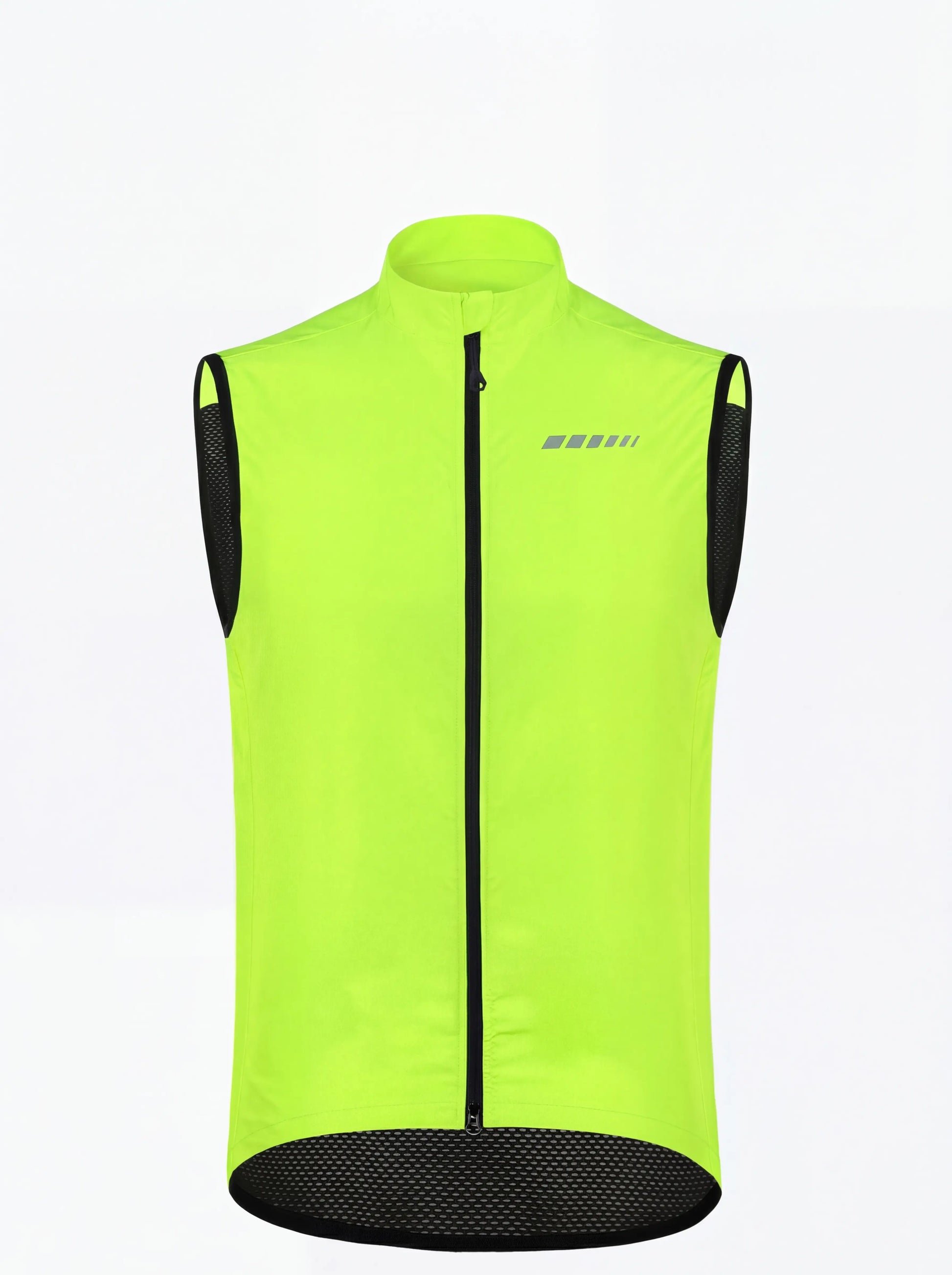 QUALICOS Men's Windproof Cycling Vest high-vis yellow front view with full zipper, reflective chest detail, and mesh back