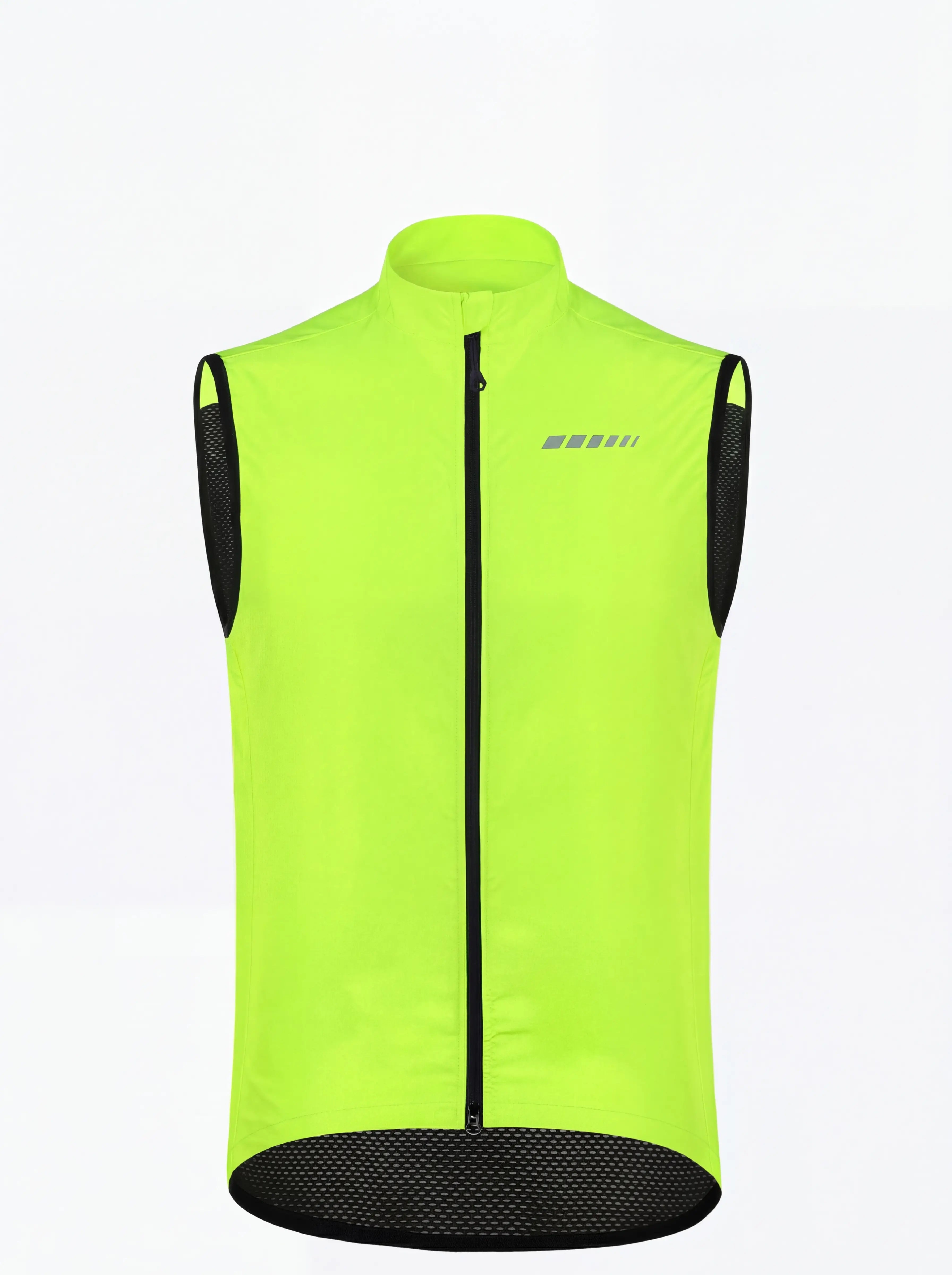 QUALICOS Men's Windproof Cycling Vest high-vis yellow front view with full zipper, reflective chest detail, and mesh back