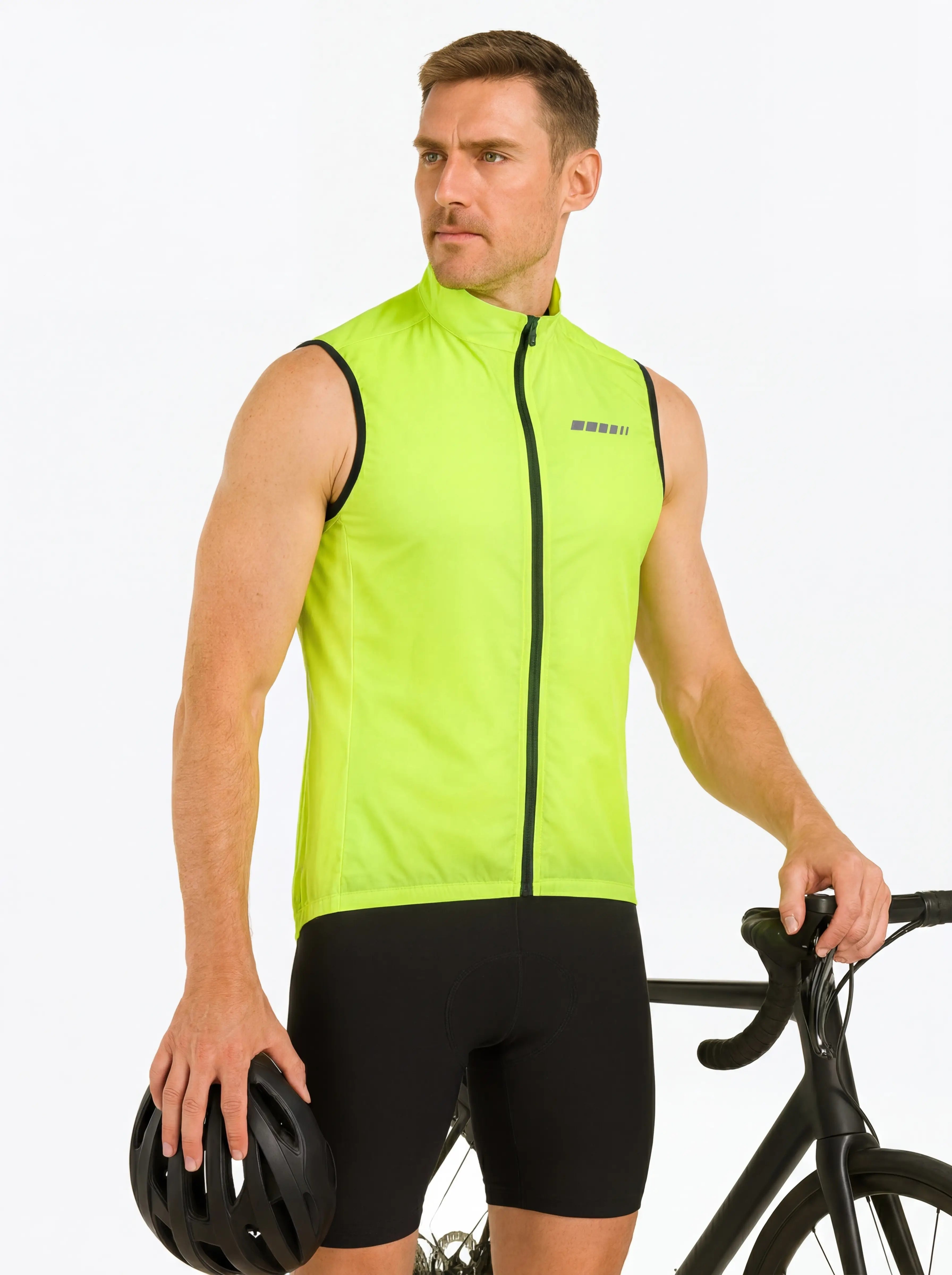 QUALICOS Men's Windproof Cycling Vest high-vis yellow front view with full zipper and road bike styling
