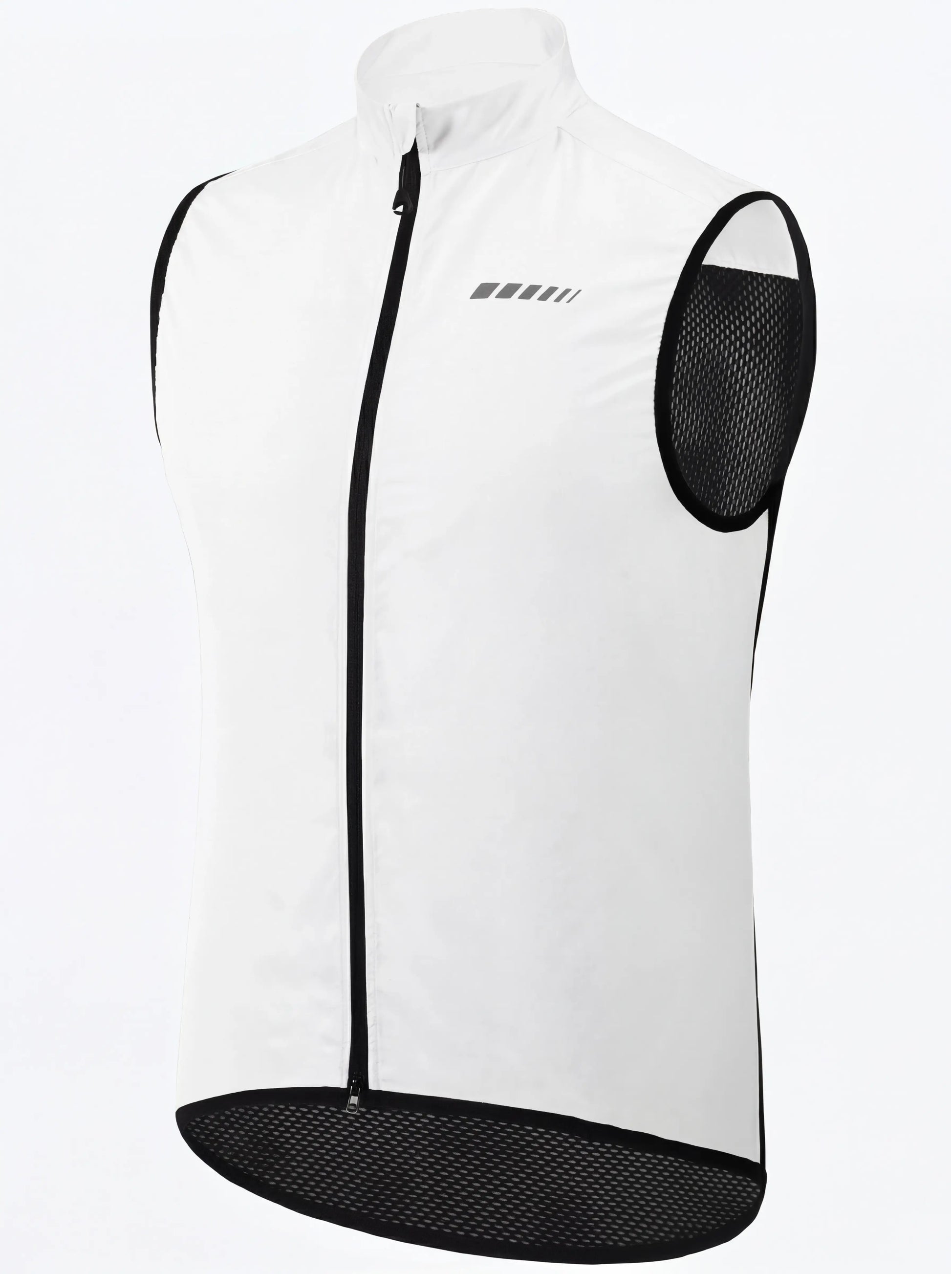 QUALICOS Men's Windproof Cycling Vest white angled product view with full zipper, reflective chest detail, and mesh panels
