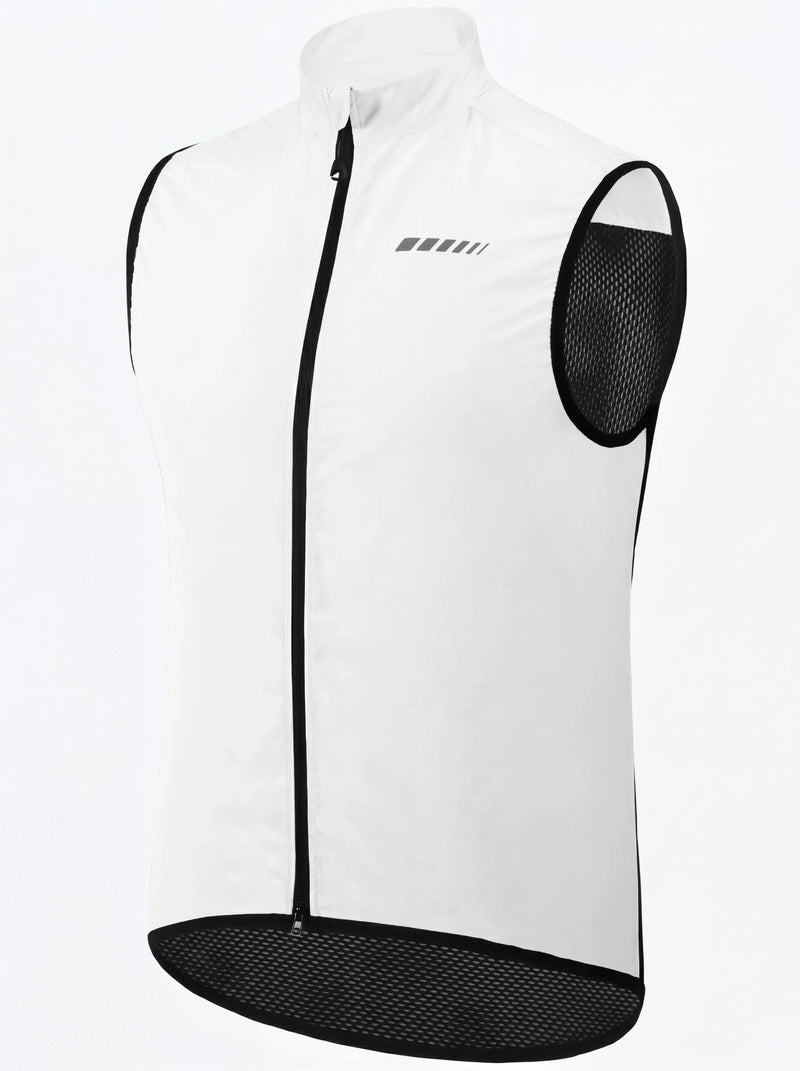 QUALICOS Men's Windproof Cycling Vest white angled product view with full zipper, reflective chest detail, and mesh panels