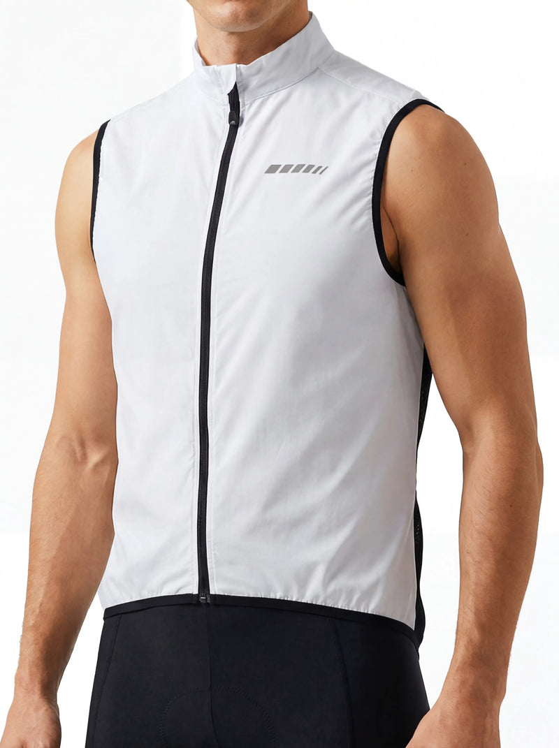 QUALICOS Men's Windproof Cycling Vest white close-up with full zipper, stand collar, and reflective chest details
