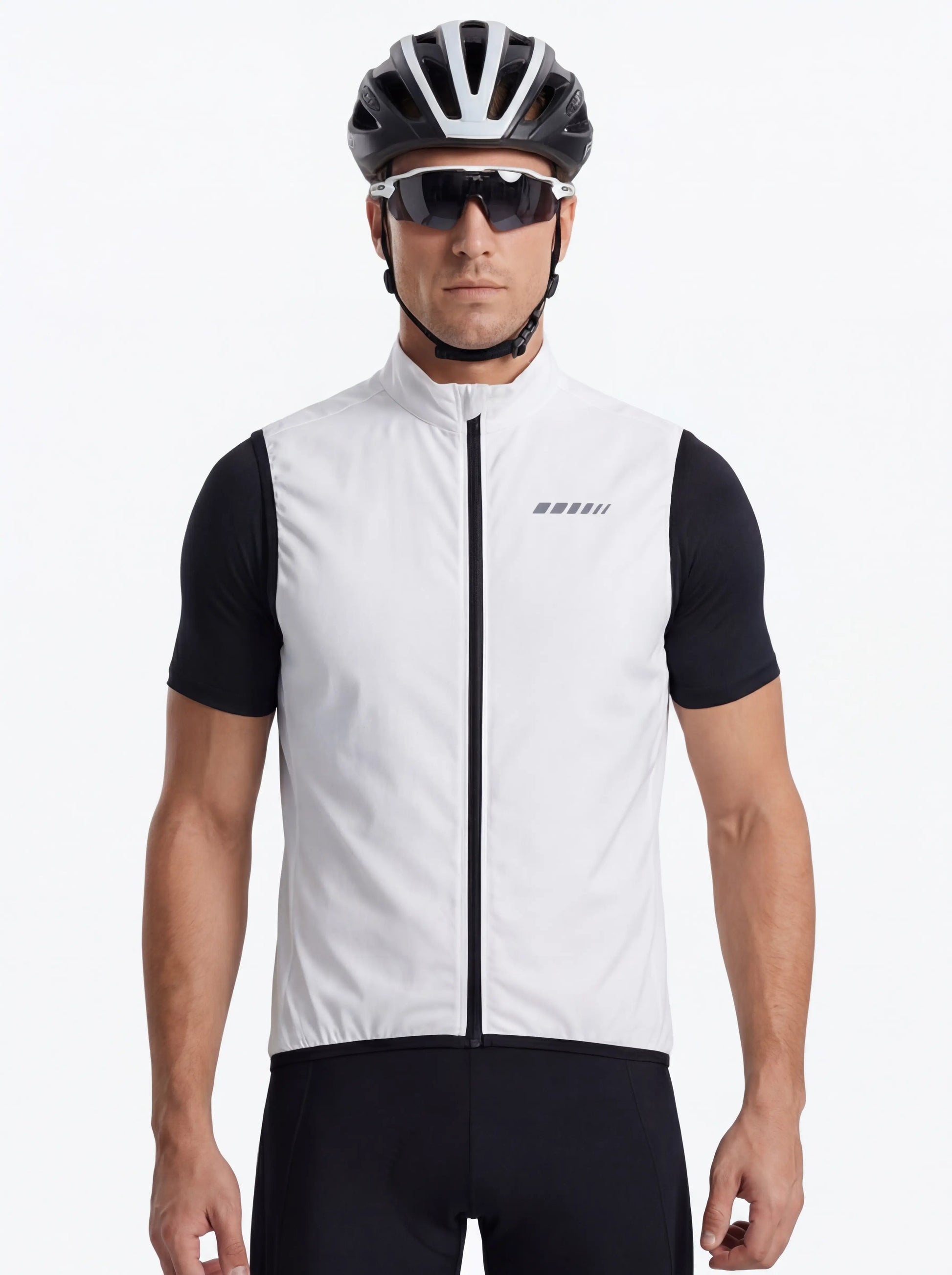 QUALICOS Men's Windproof Cycling Vest in white, front view with full zipper and reflective chest details