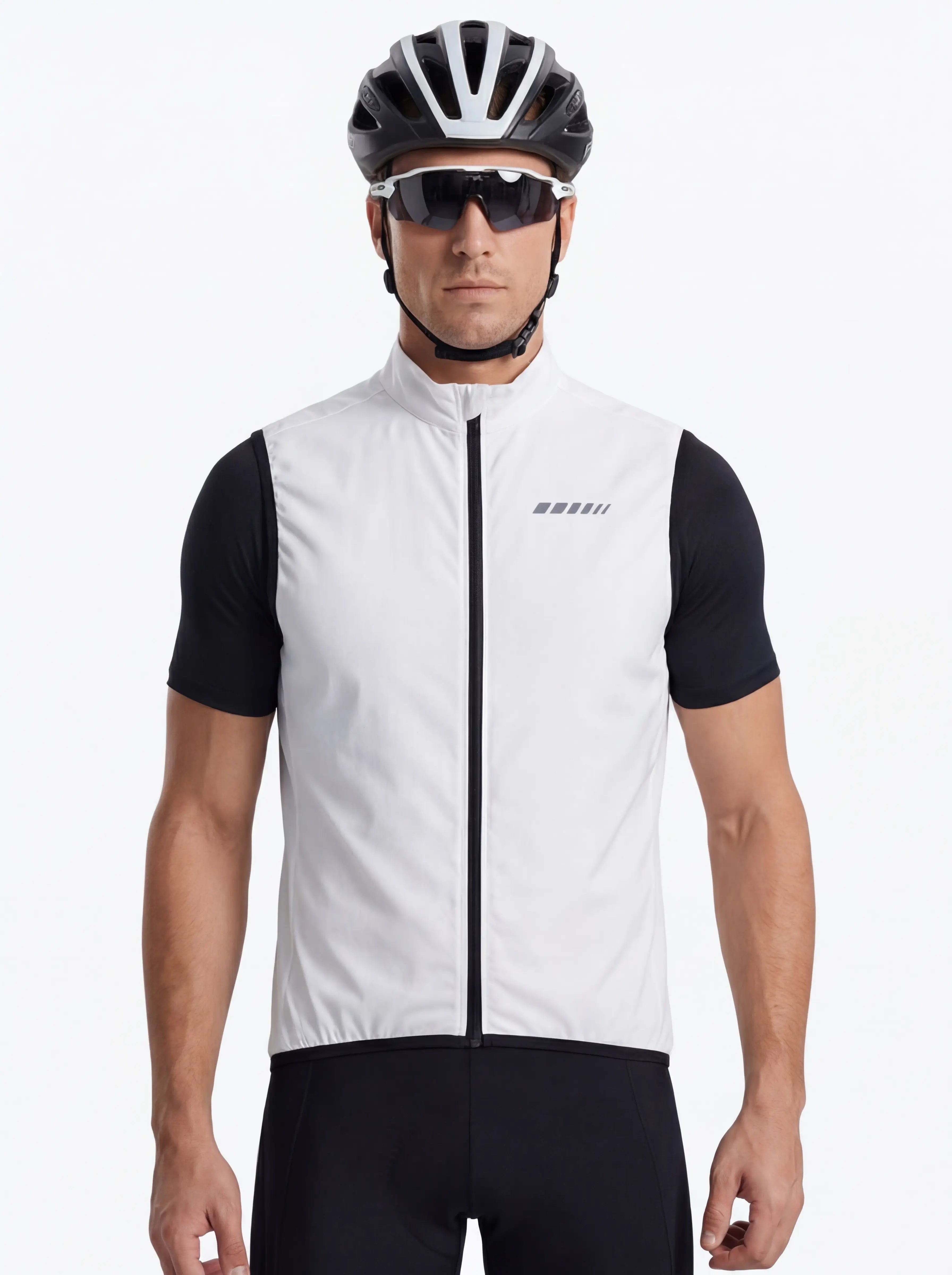 QUALICOS Men's Windproof Cycling Vest in white, front view with full zipper and reflective chest details