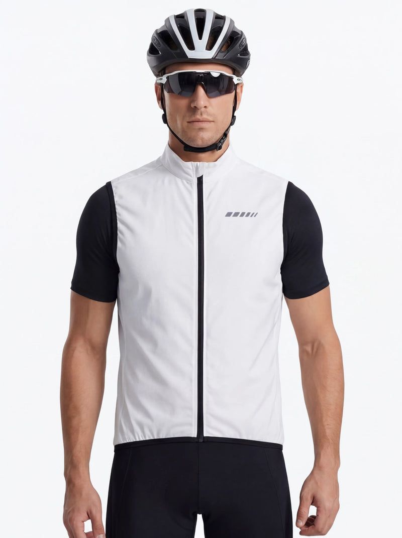 QUALICOS Men's Windproof Cycling Vest in white, front view with full zipper and reflective chest details