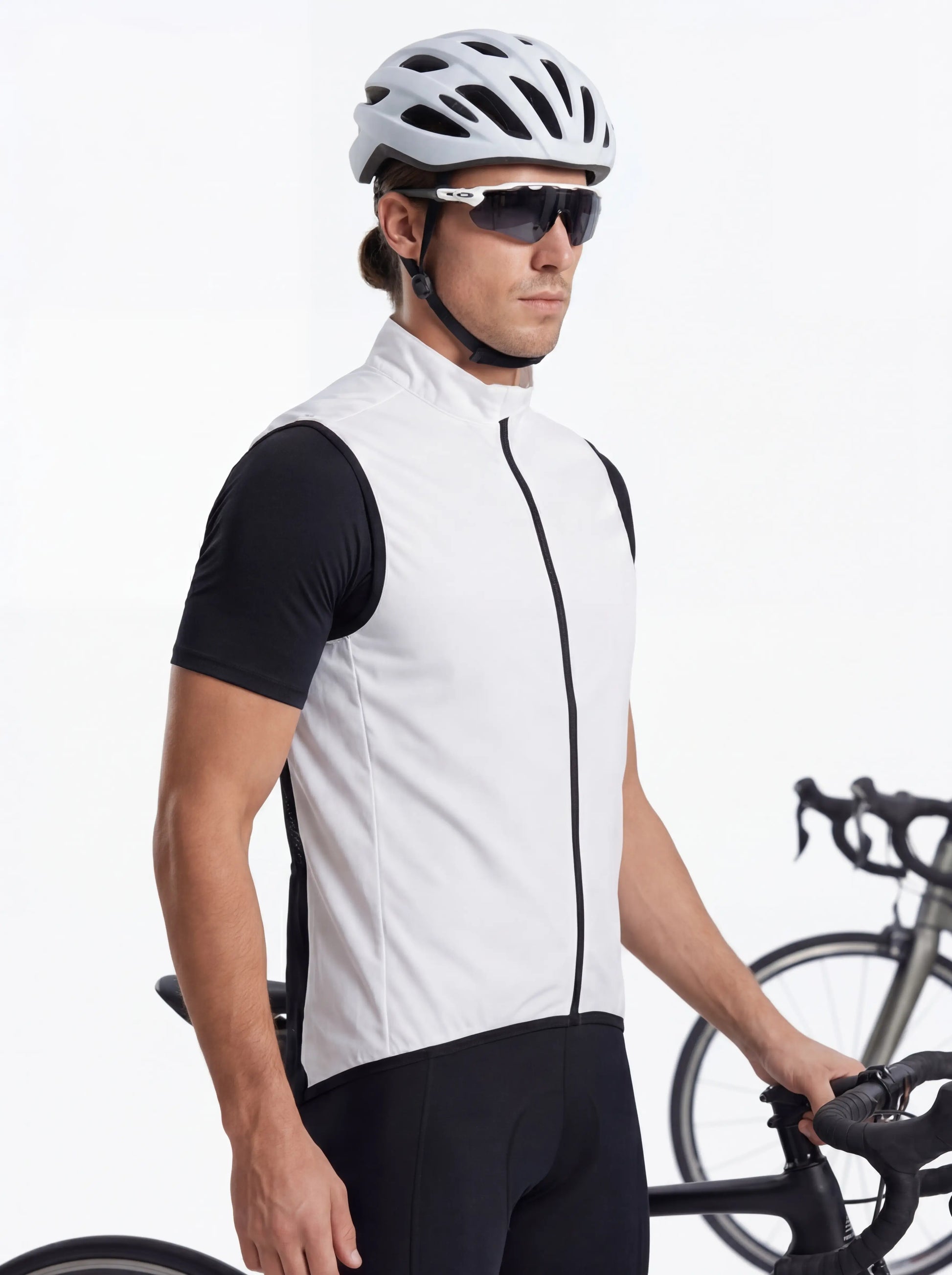 QUALICOS Men's Windproof Cycling Vest white side view with full zipper and road bike styling