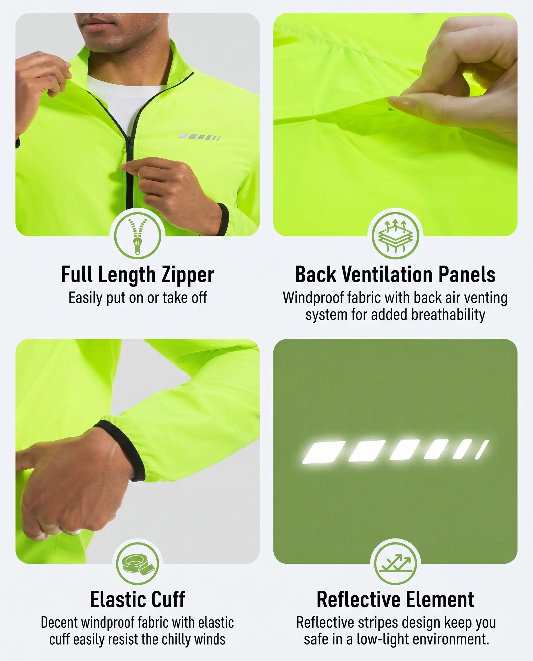 QUALICOS Men's Windproof Long Sleeve Jacket neon green with full zipper, back ventilation, elastic cuffs and reflective detail