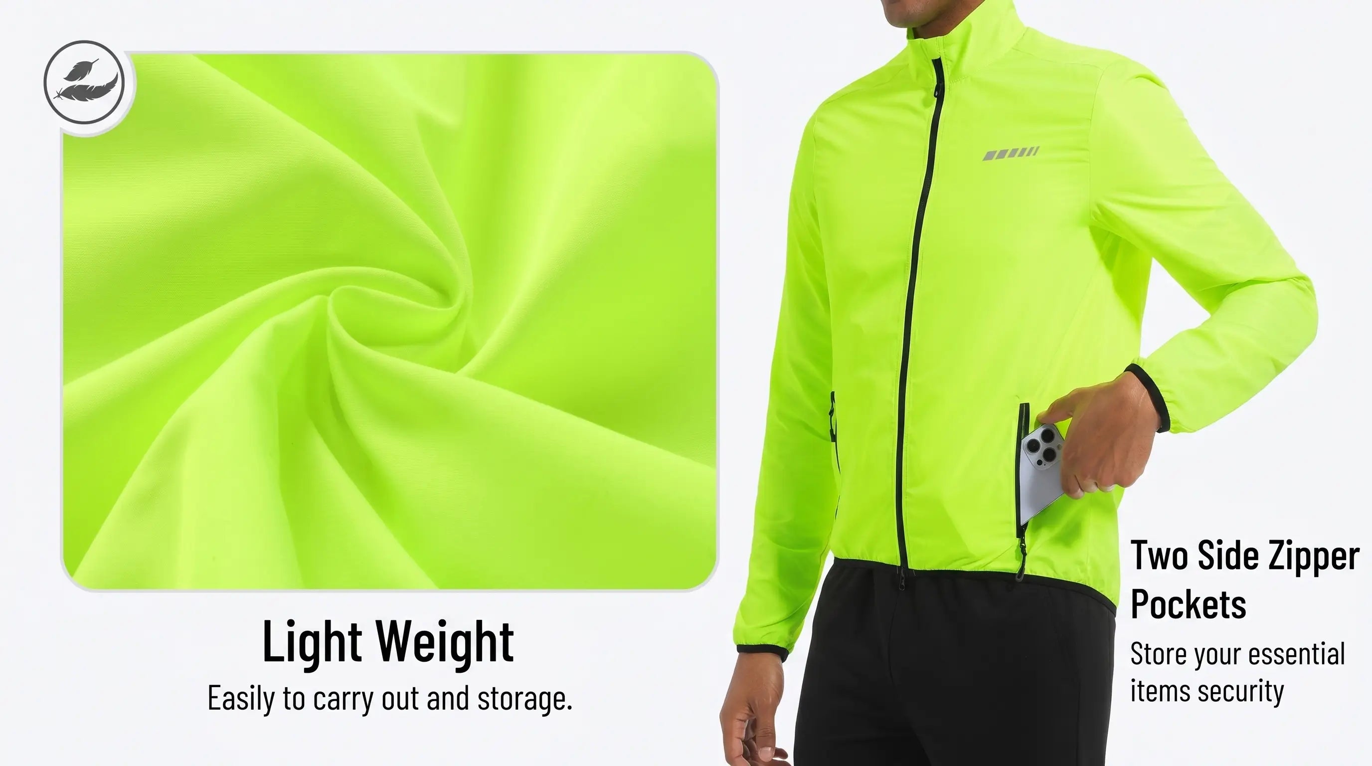 QUALICOS Men's Windproof Long Sleeve Jacket neon green lightweight fabric with two side zipper pockets