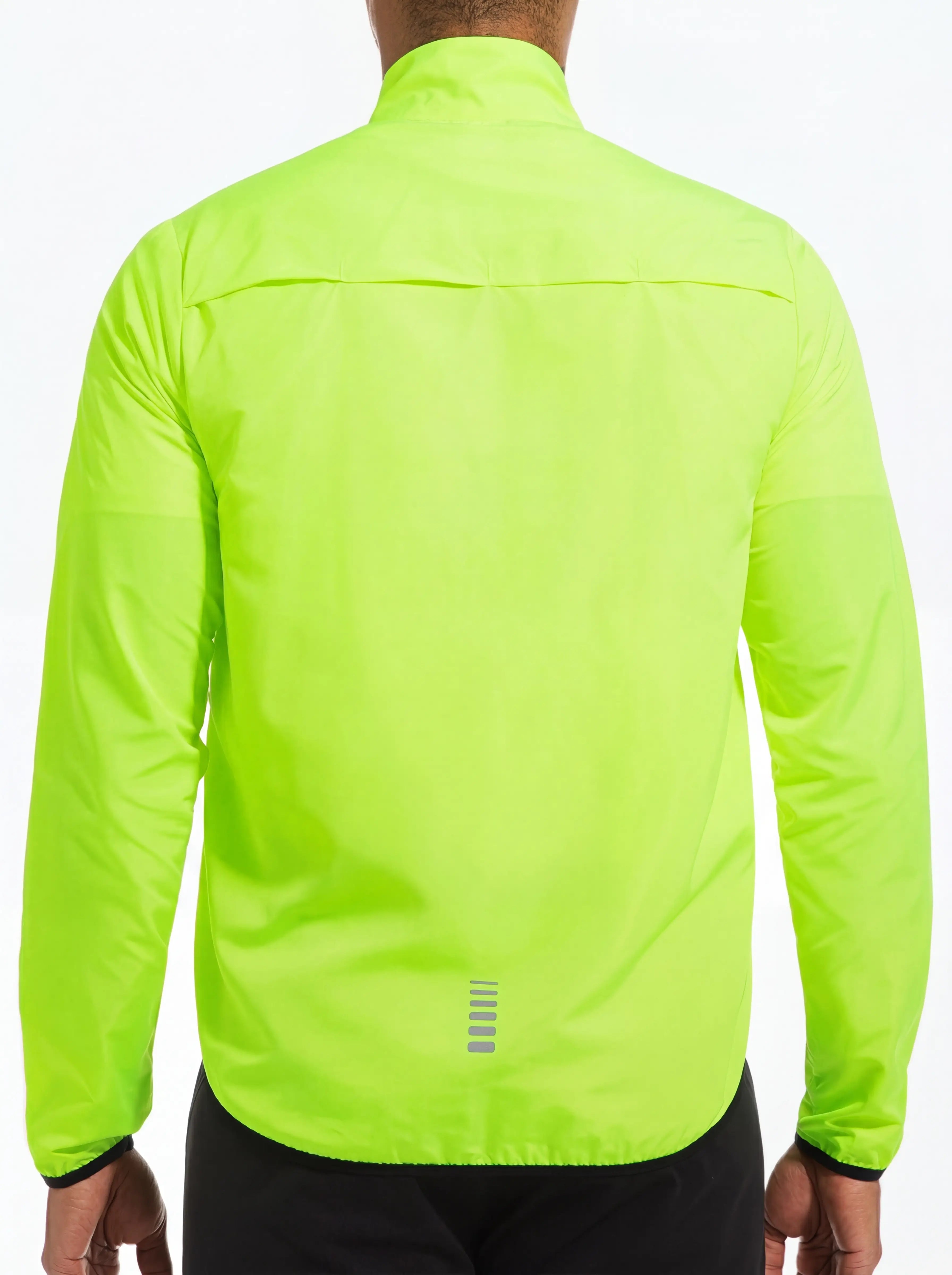 QUALICOS Men's Windproof Long Sleeve Jacket neon green back view on model with rear reflective detail