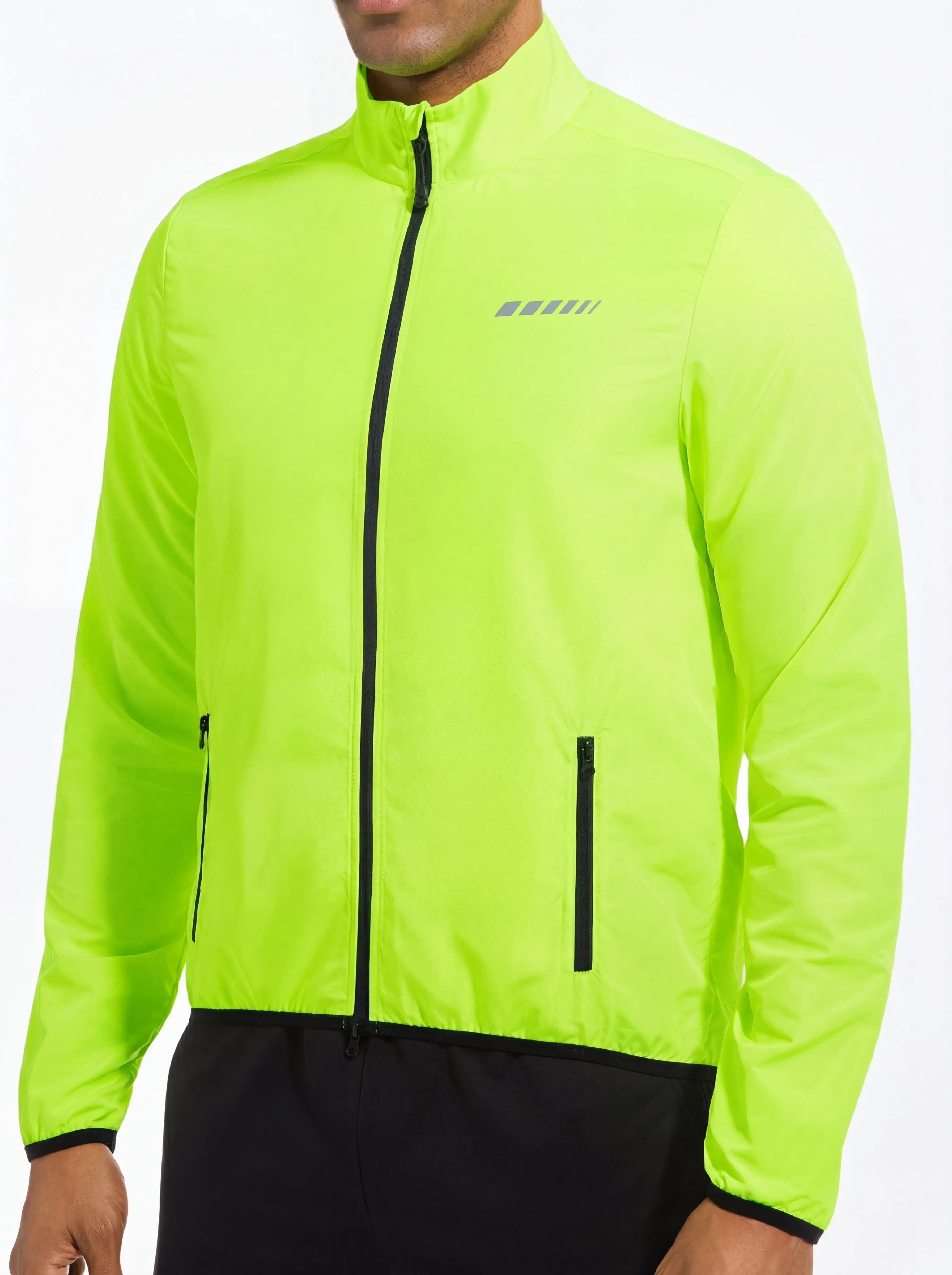 QUALICOS Men's Windproof Long Sleeve Jacket neon green on model with full zipper and reflective chest detail