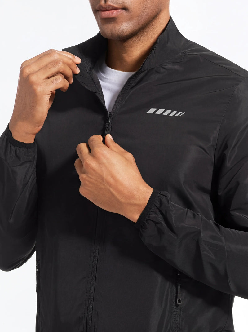 QUALICOS Men's Windproof Long Sleeve Jacket full-zip collar detail with reflective chest logo