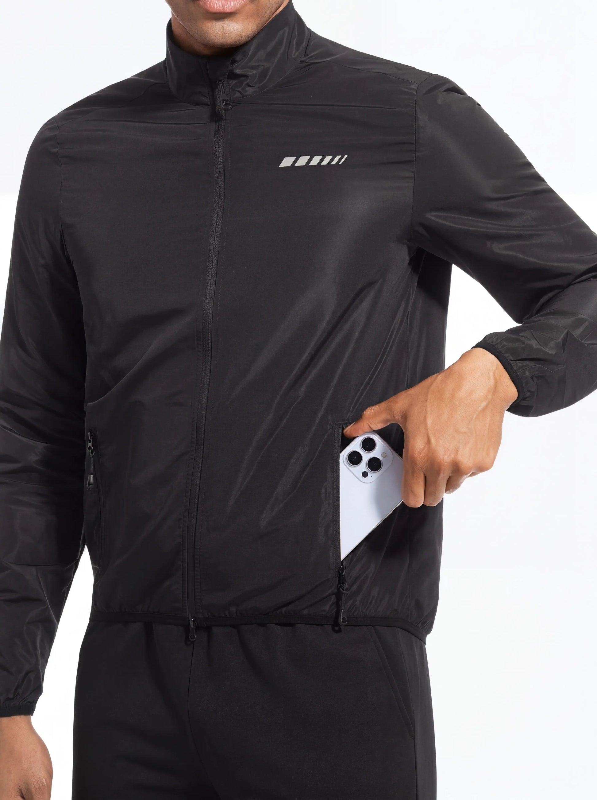QUALICOS Men's Windproof Long Sleeve Jacket with zippered side pocket for phone storage