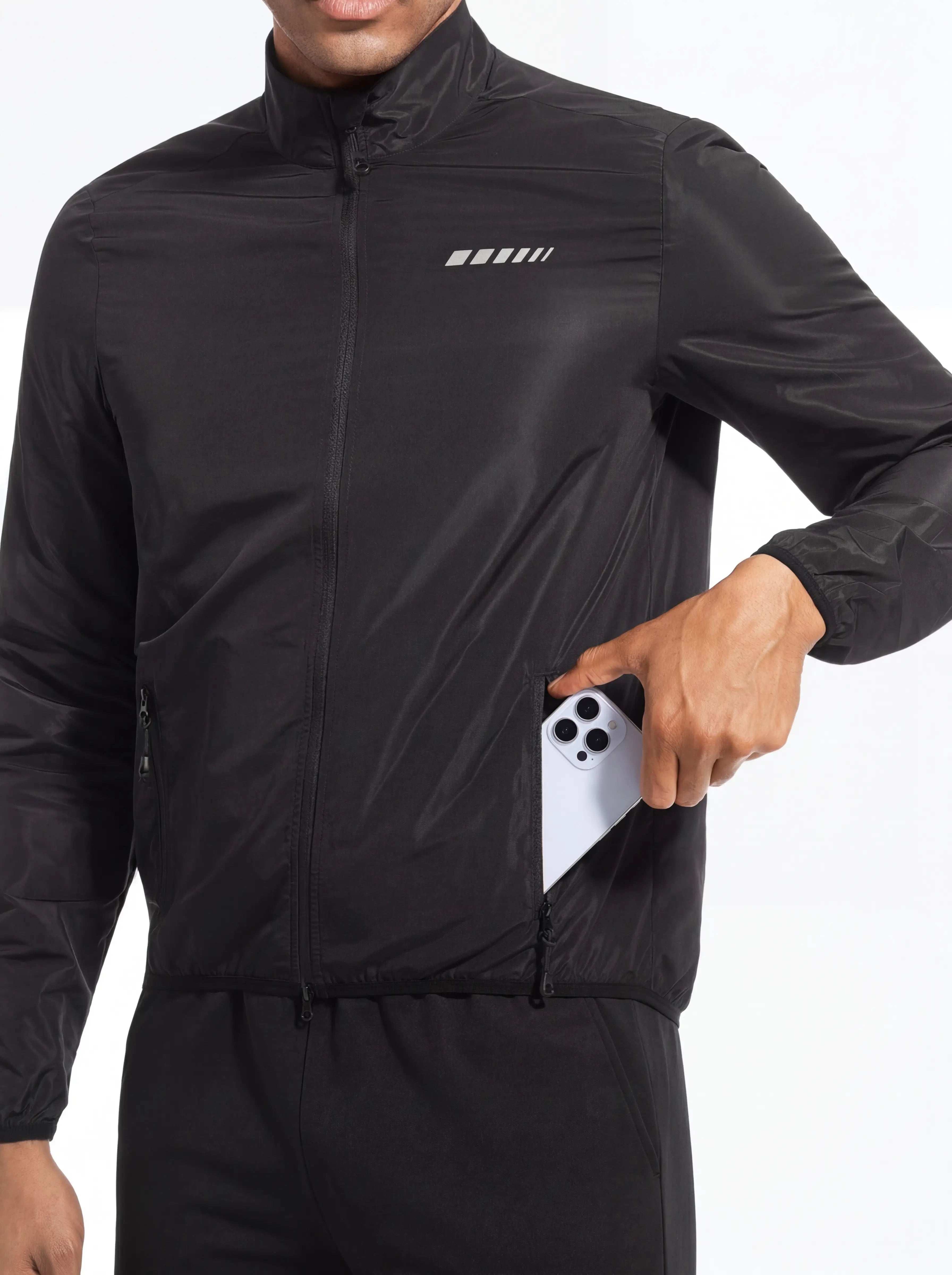 QUALICOS Men's Windproof Long Sleeve Jacket with zippered side pocket for phone storage