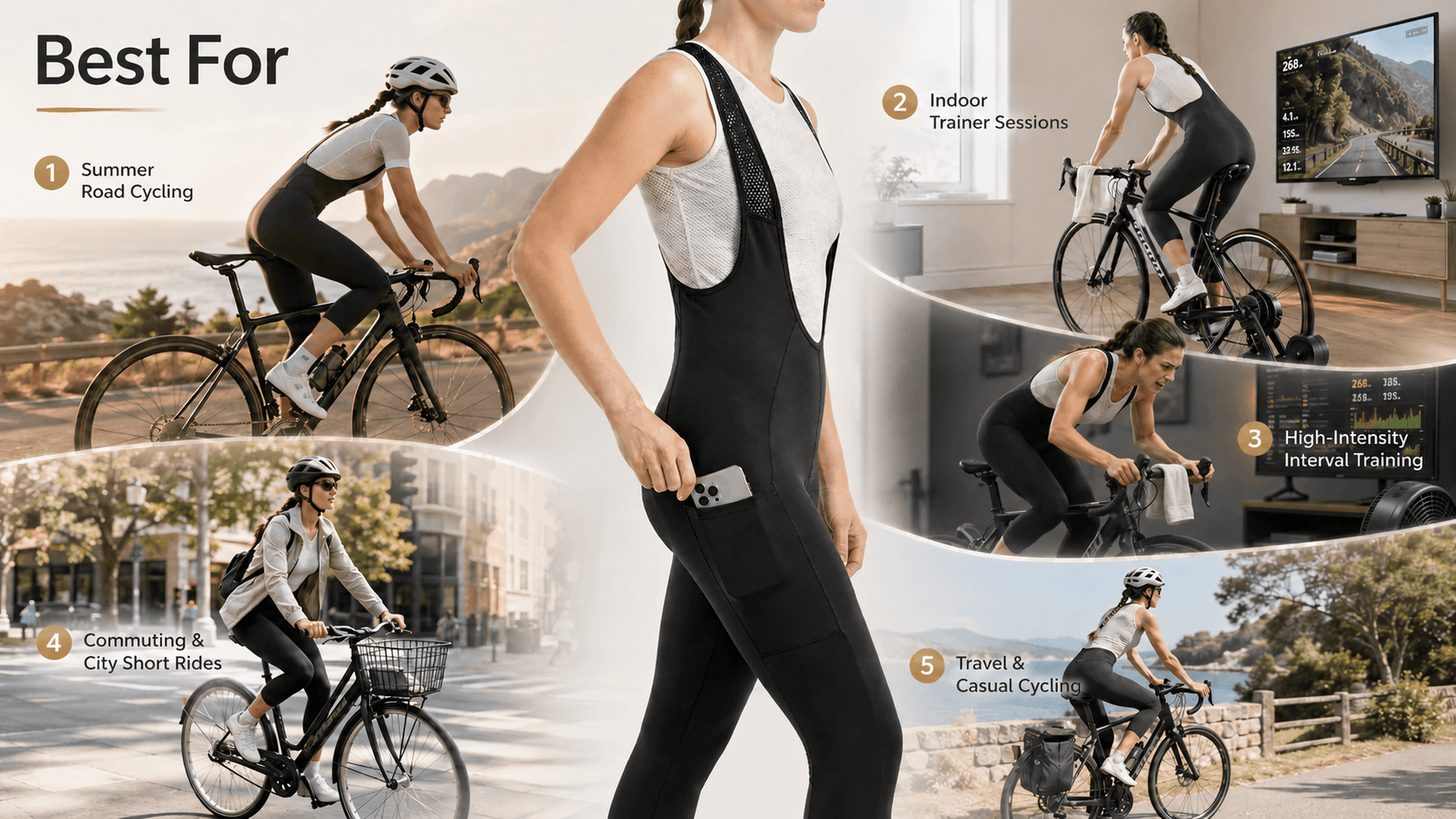 QUALICOS Women's 3/4 Cycling Bib Shorts with Pockets for road cycling, indoor trainer, HIIT, commuting and travel