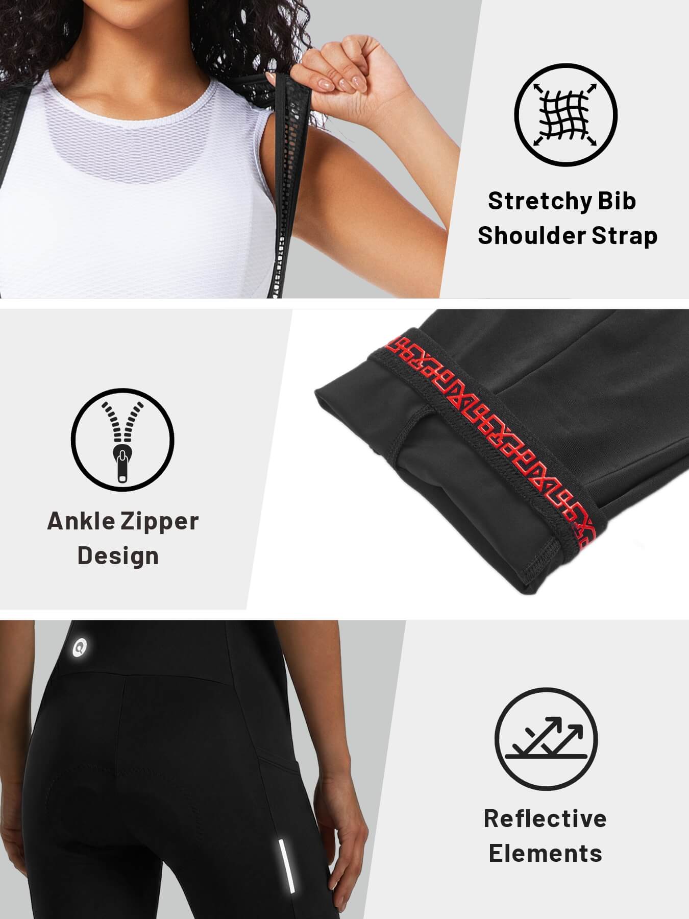 QUALICOS Women's 3/4 Cycling Bib Shorts with Pockets feature details with stretchy bib straps, ankle zipper and reflective elements