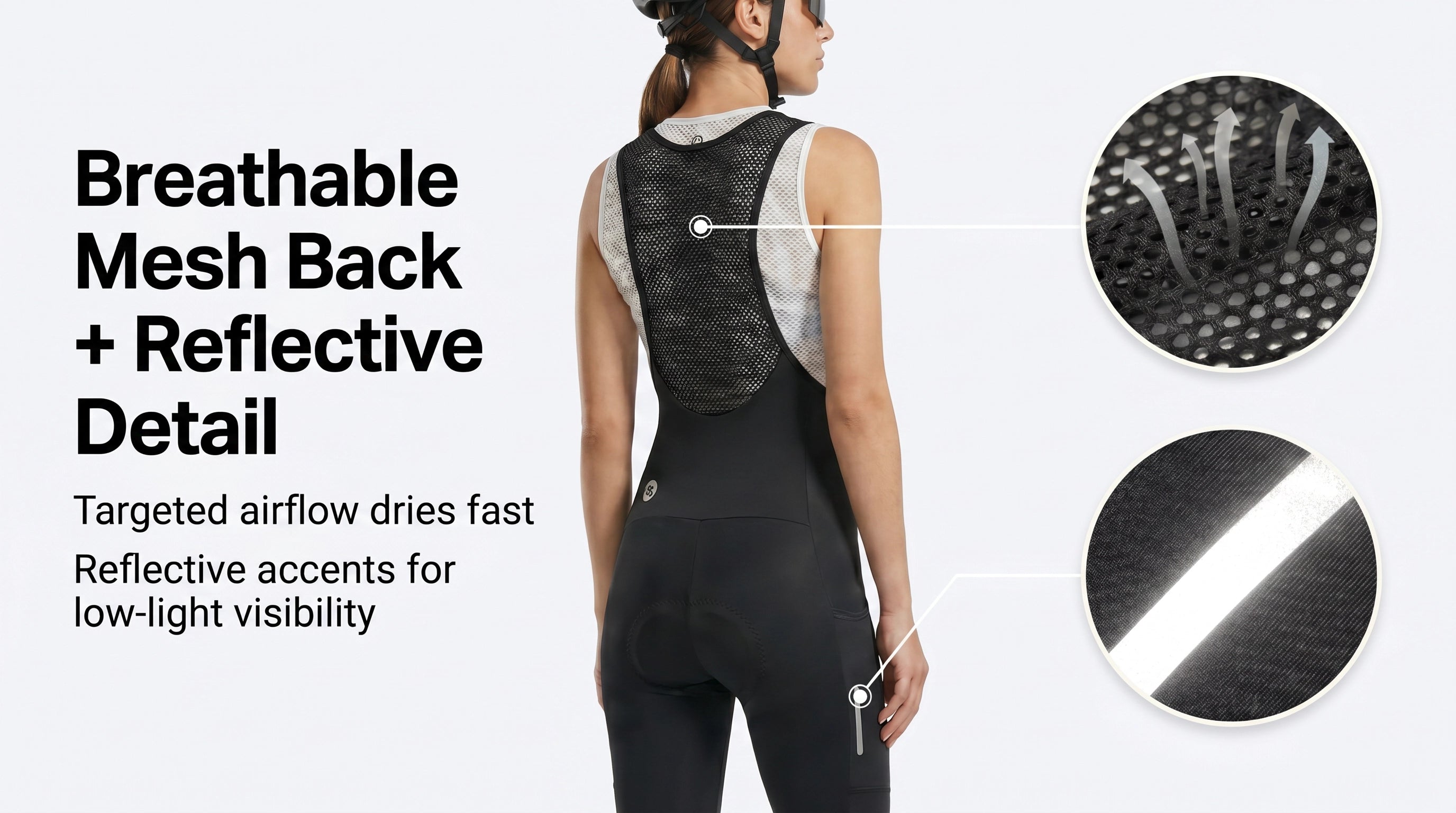 QUALICOS Women's 3/4 Cycling Bib Shorts with Pockets back view with breathable mesh bib and reflective detail
