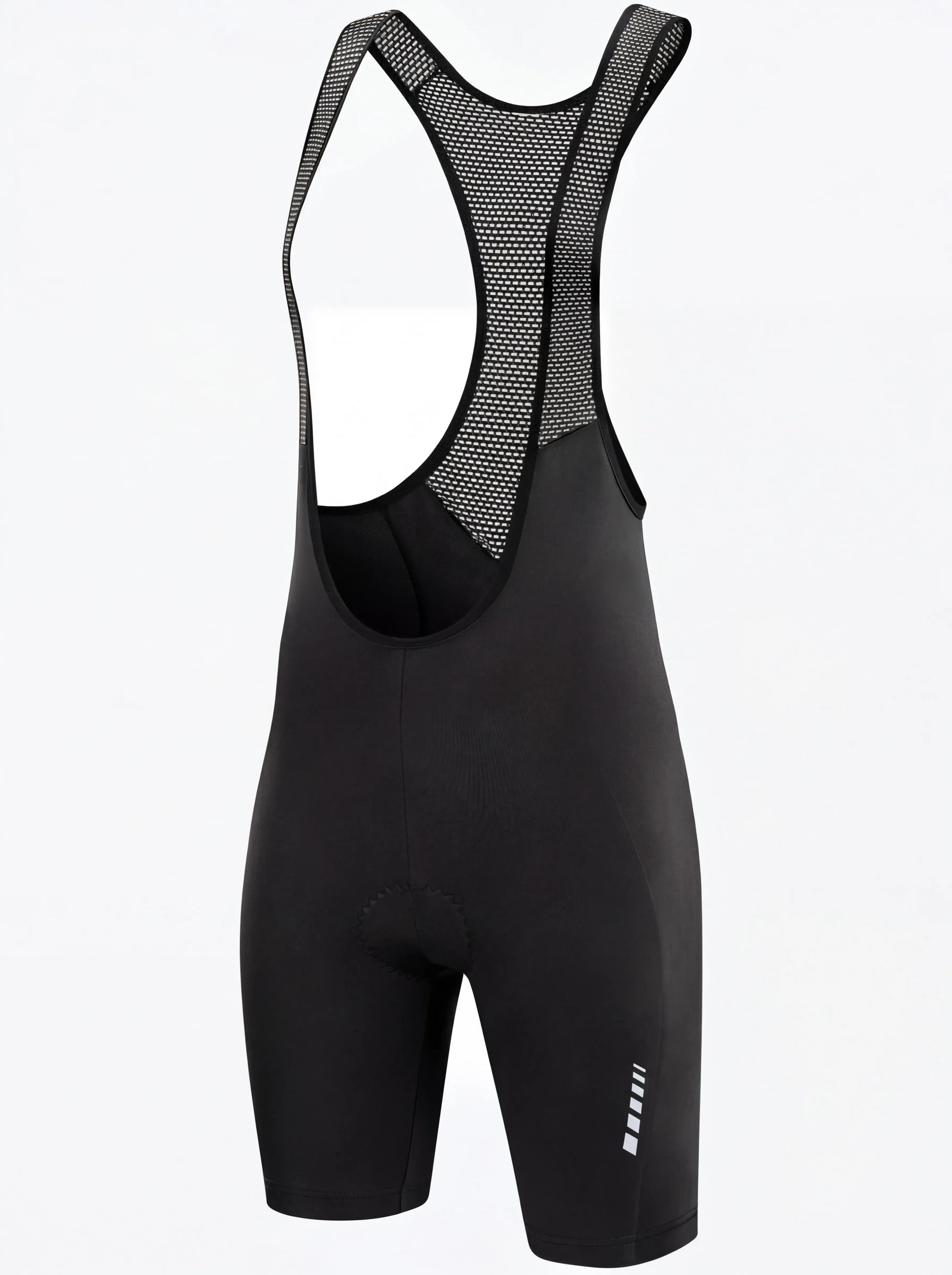 QUALICOS Women's Cycling Bib Shorts with Pockets black flat lay front view with mesh bib straps and reflective leg detail