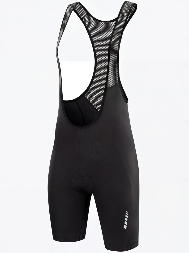 QUALICOS Women's Cycling Bib Shorts with Pockets black flat lay front view with mesh bib straps and reflective leg detail
