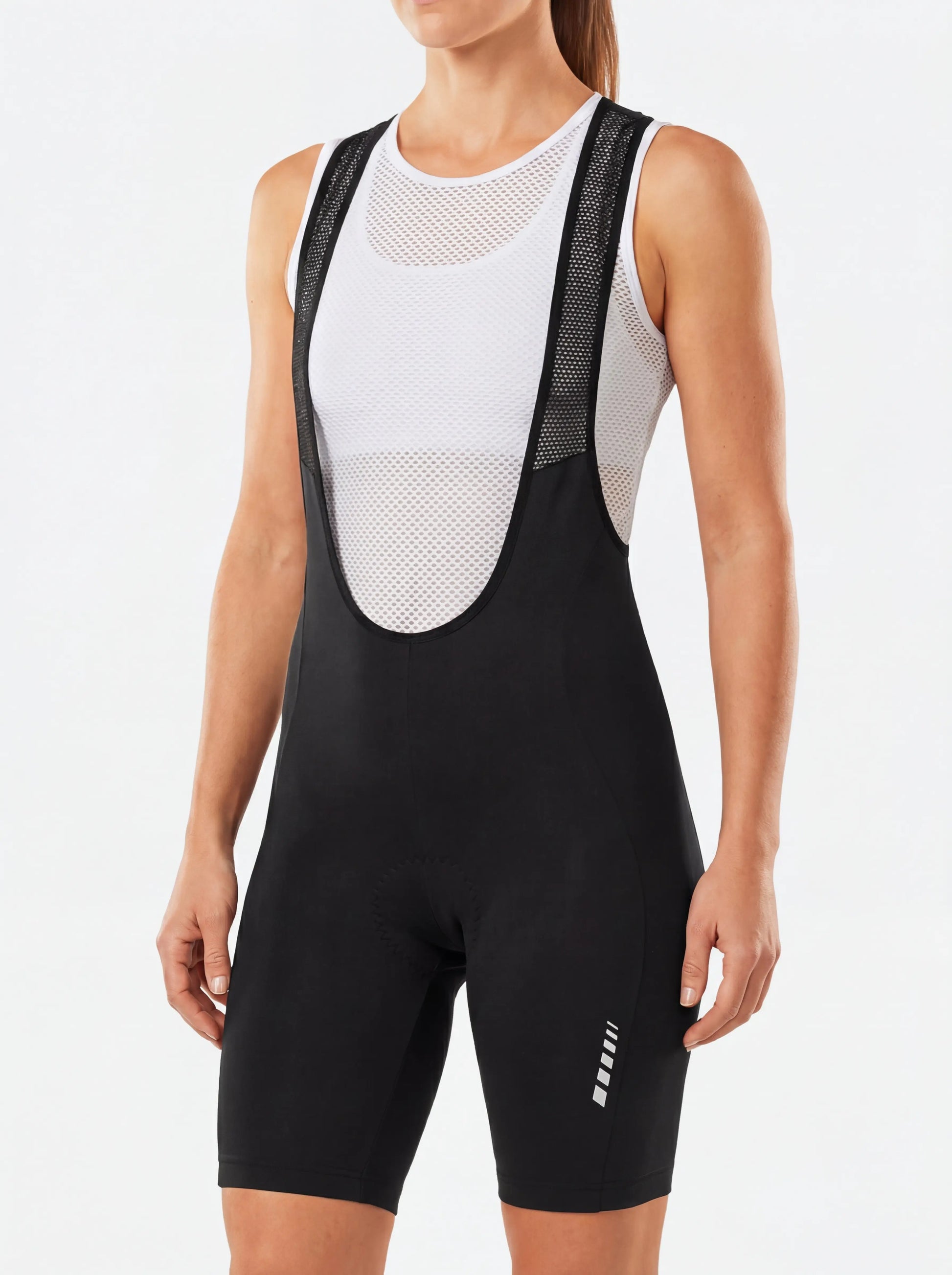 QUALICOS Women's Cycling Bib Shorts with Pockets black front close-up with mesh bib straps and reflective leg detail