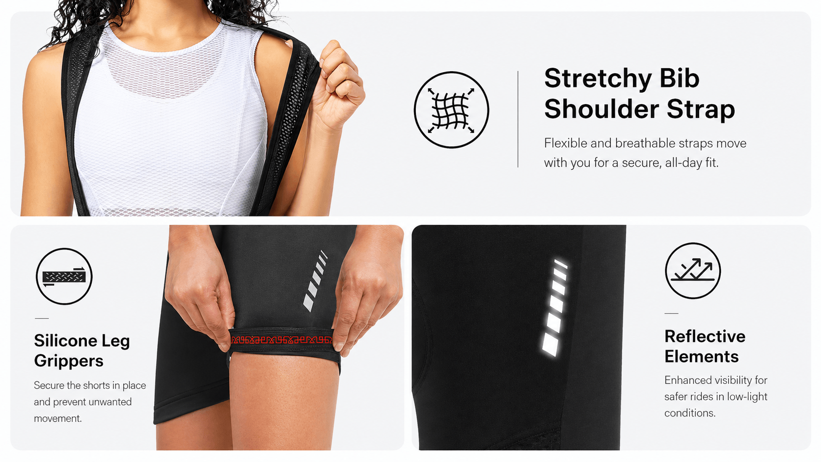 QUALICOS Women's Cycling Bib Shorts with Pockets with stretchy bib straps, silicone leg grippers and reflective elements