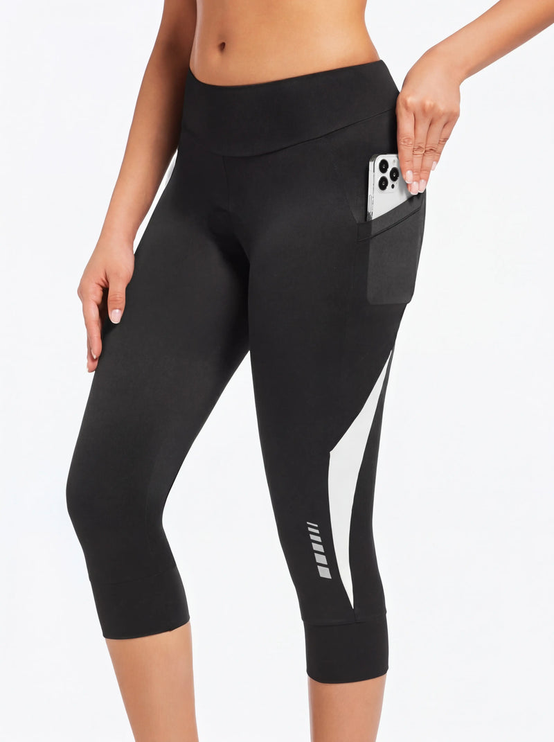 QUALICOS Women's Cycling Capri Pants with Pockets close-up side phone pocket and reflective leg details