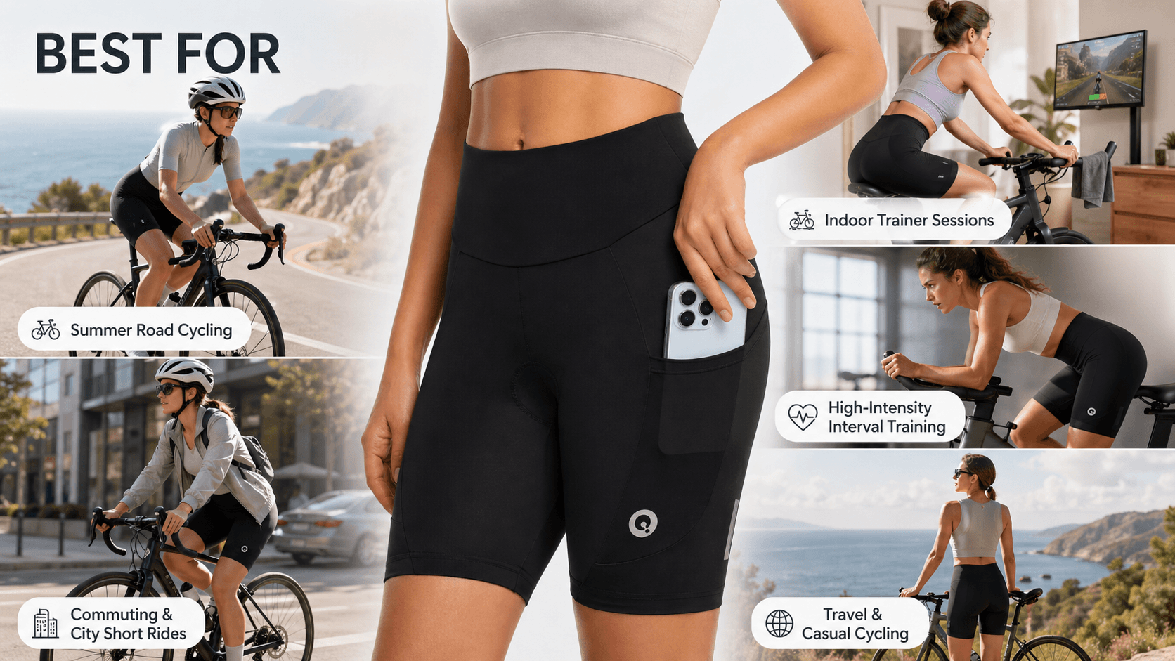 QUALICOS Women's Cycling Shorts with Pockets for road cycling, indoor trainer, HIIT, commuting, and travel