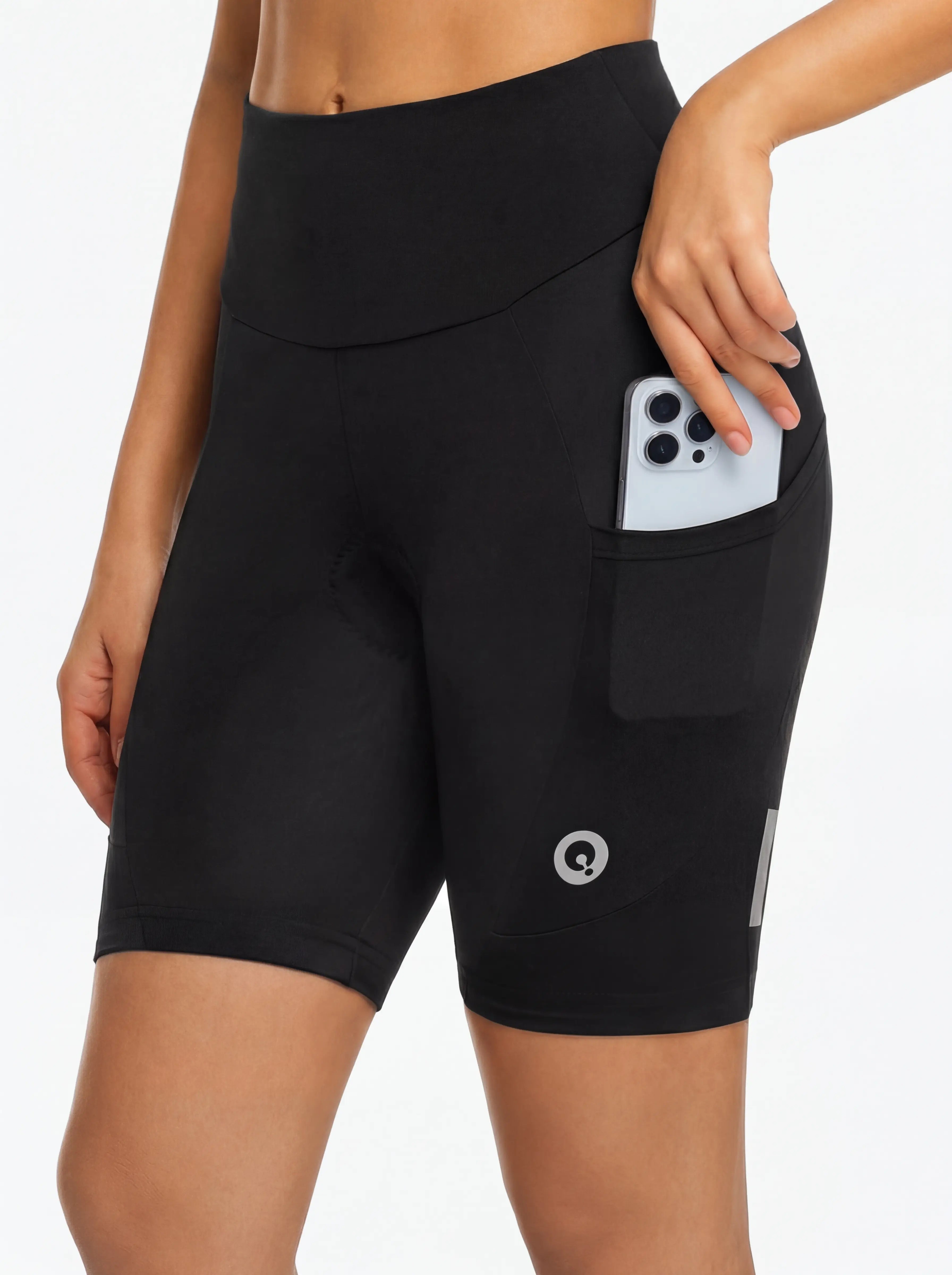 QUALICOS Women's Cycling Shorts with Pockets close-up side phone pocket and high-waist fit