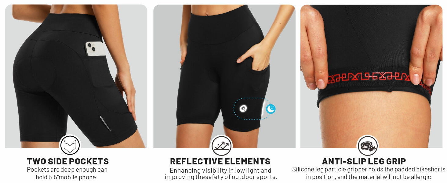 QUALICOS Women's Cycling Shorts with Pockets featuring side pockets, reflective elements, and anti-slip leg grip