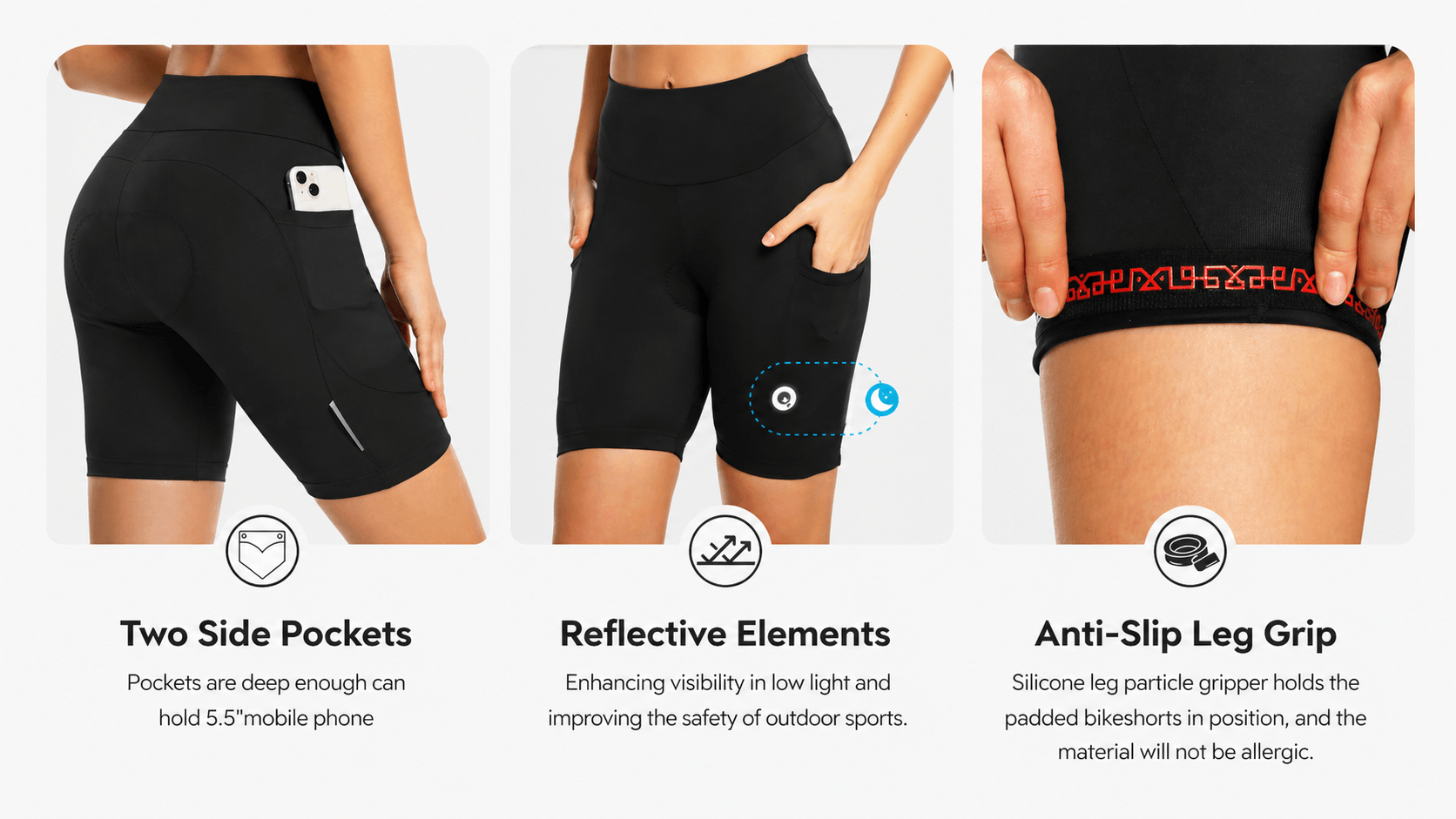 QUALICOS Women's Cycling Shorts with Pockets featuring side pockets, reflective elements, and anti-slip leg grip