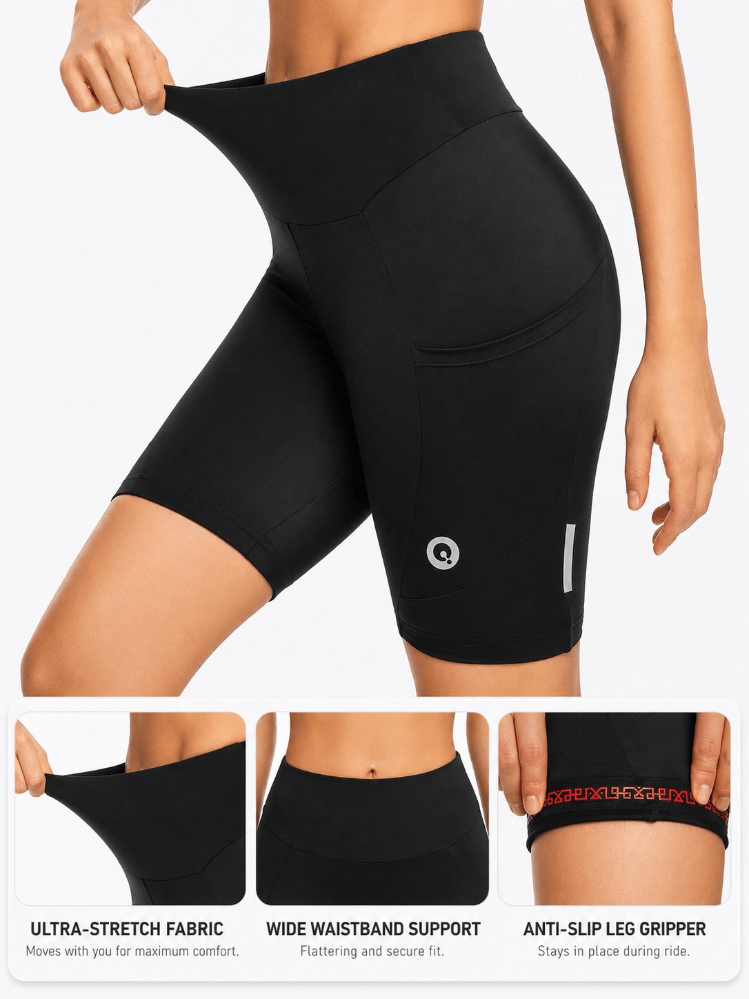 QUALICOS Women's Cycling Shorts with Pockets, ultra-stretch fabric, wide waistband, and anti-slip leg gripper
