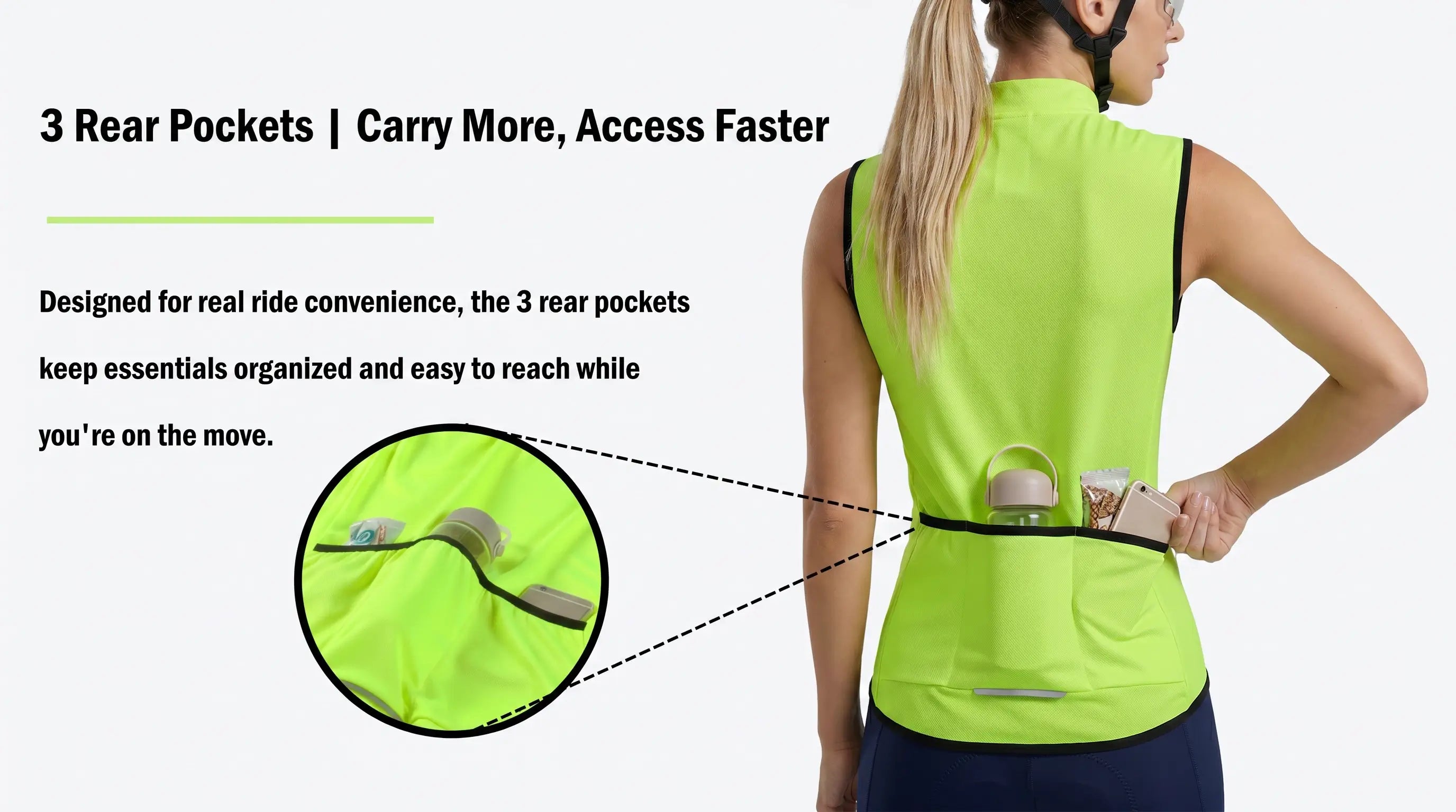 QUALICOS Women's Cycling Vest yellow back view with 3 rear pockets for quick-access ride essentials